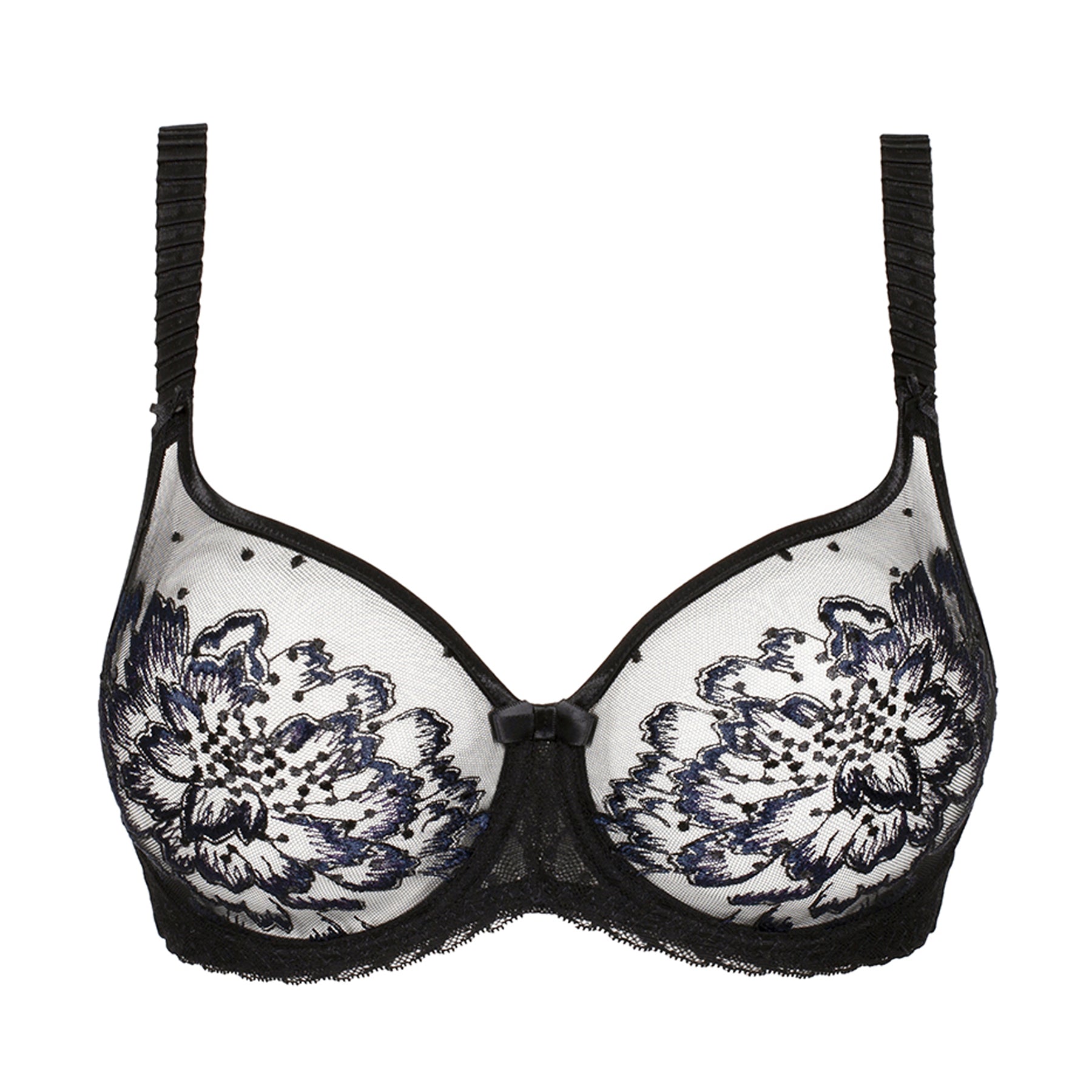 Black sheer full cup underwire bra with blue floral embroidery, transparent tulle cups, scalloped lace underband, adjustable straps, and center bow detail.