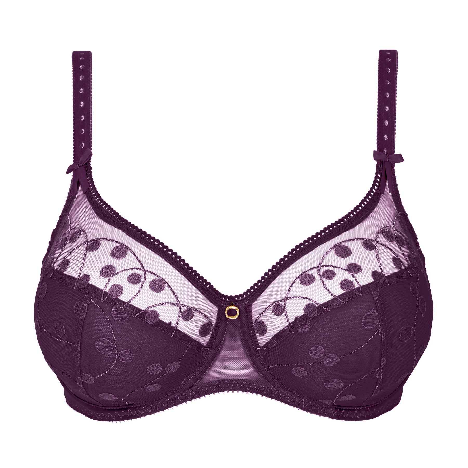 Amethyst purple underwire bra with sheer embroidered mesh, dotted detailing, decorative straps and a gold centre charm.