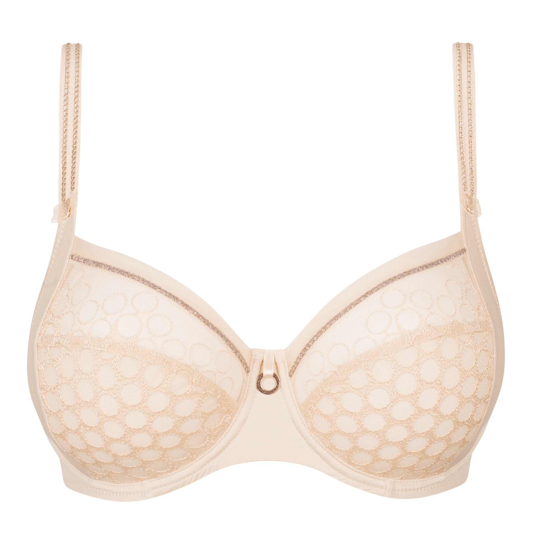 Empreinte Infinity creamy beige full cup bra featuring delicate circular embroidery, sheer lace details, and elegant gold charm accent.
