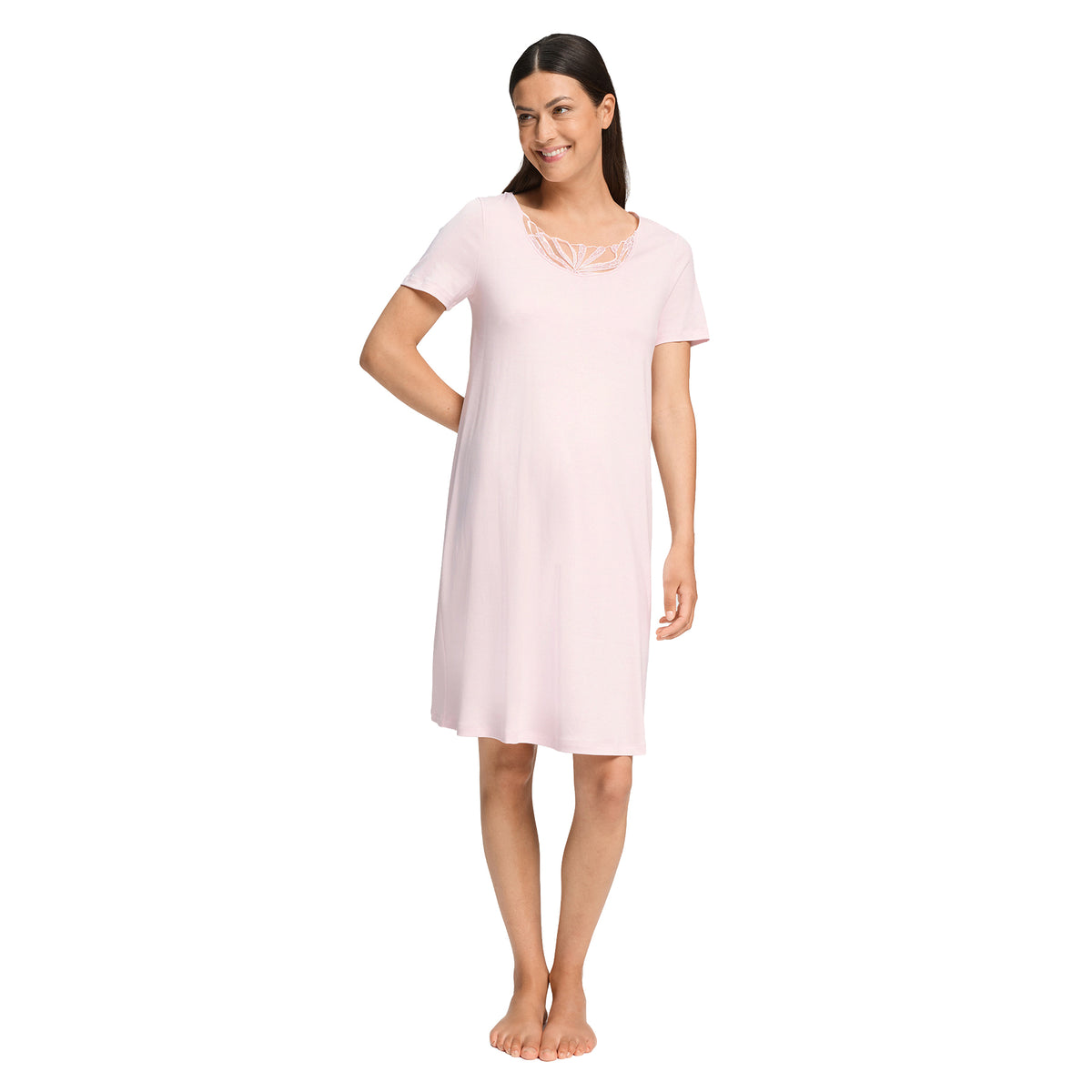 HANRO Rosaria Chemise in soft blush pink with short sleeves and delicate embroidered neckline