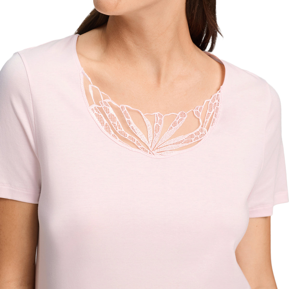 Close-up of HANRO Rosaria Chemise showing delicate sheer floral embroidery at the neckline