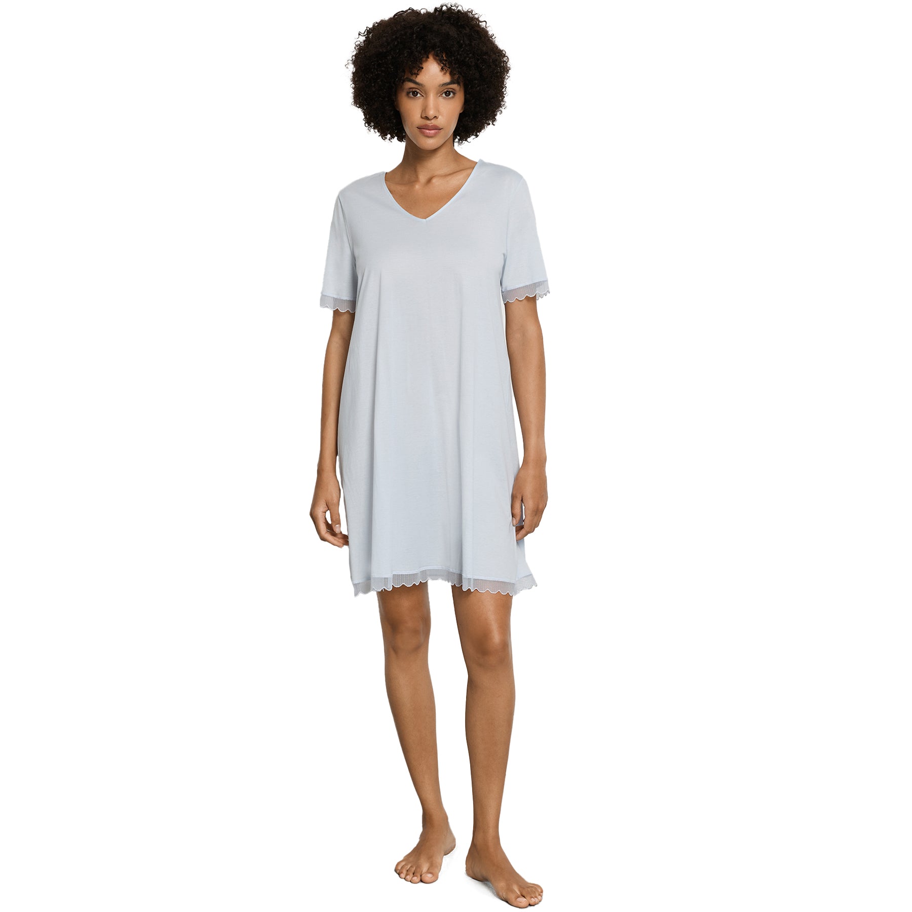 Soft blue V-neck nightgown with short sleeves, full body front view on model