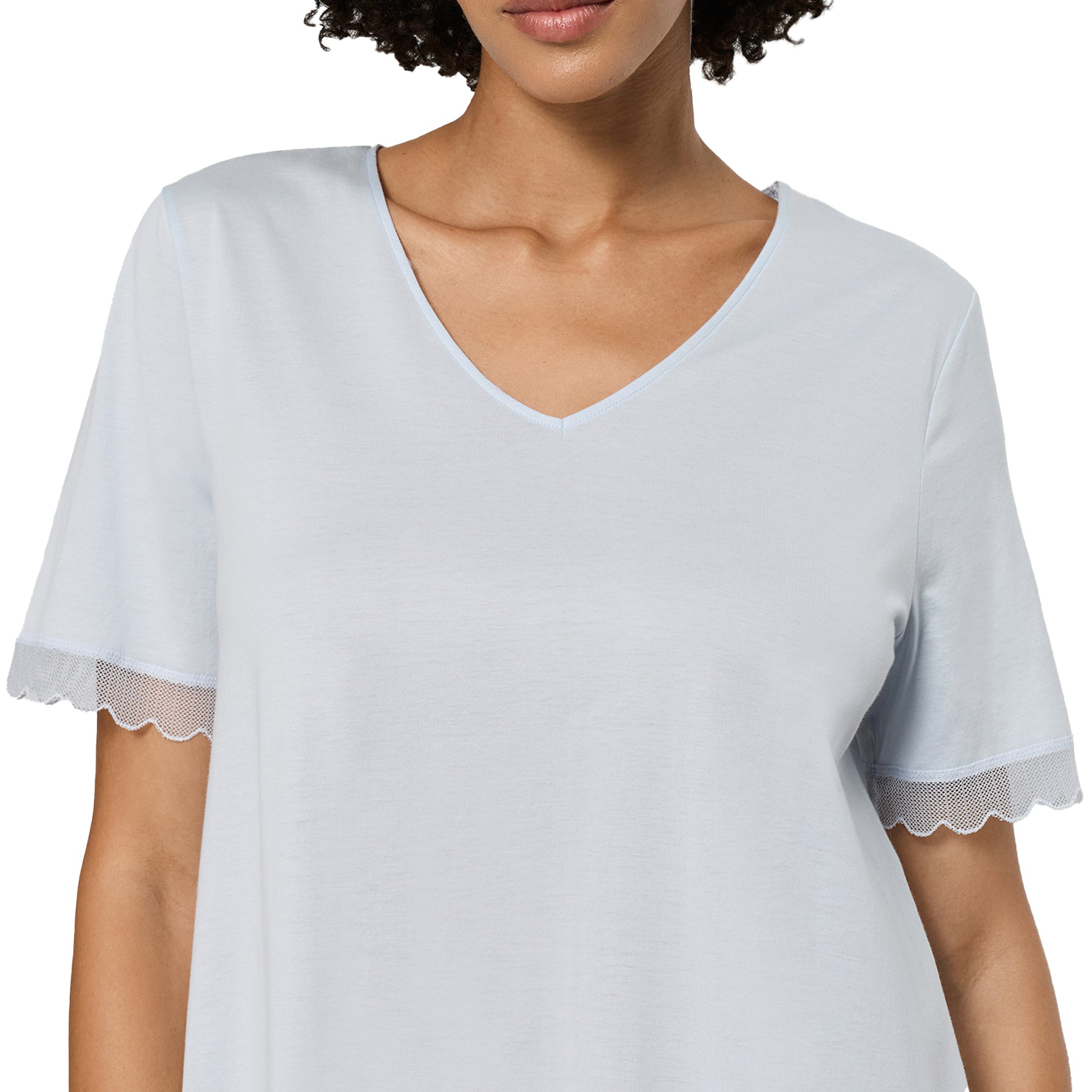 Light blue nightgown with V-neck and lace sleeve trim, close-up front view