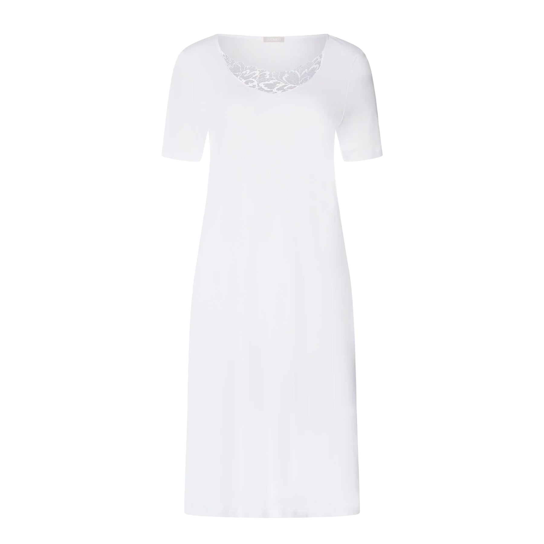 White short sleeve nightgown style 074746 with delicate floral lace neckline, front flat lay view.