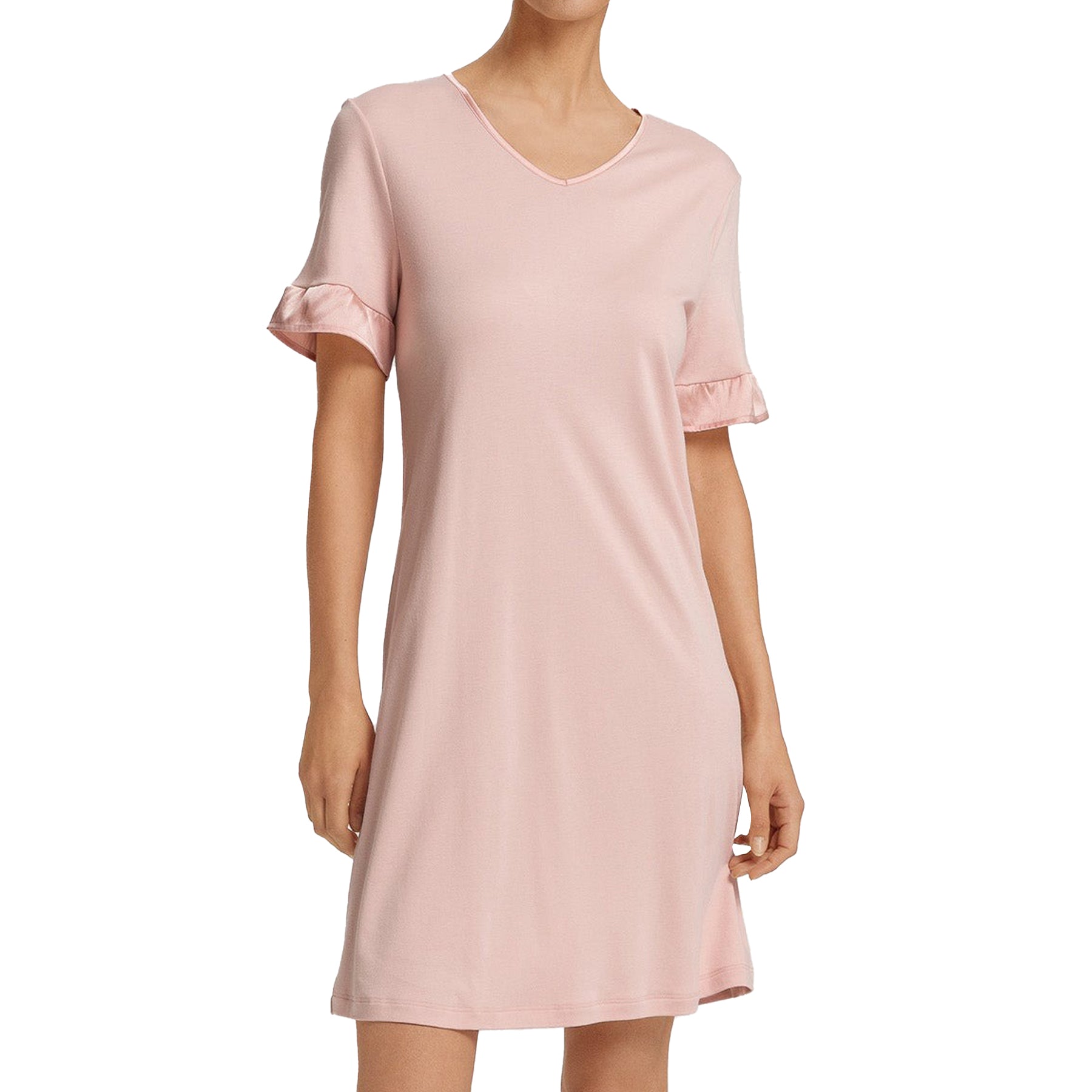Model wearing blush pink V-neck nightdress with satin-trim sleeves, front view.