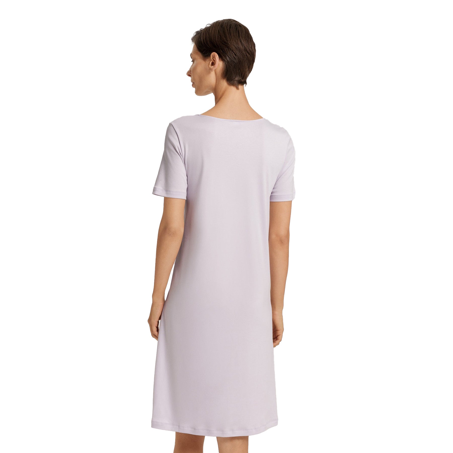 Back view of lavender Hanro nightgown showing smooth, flowy fit and knee-length design.