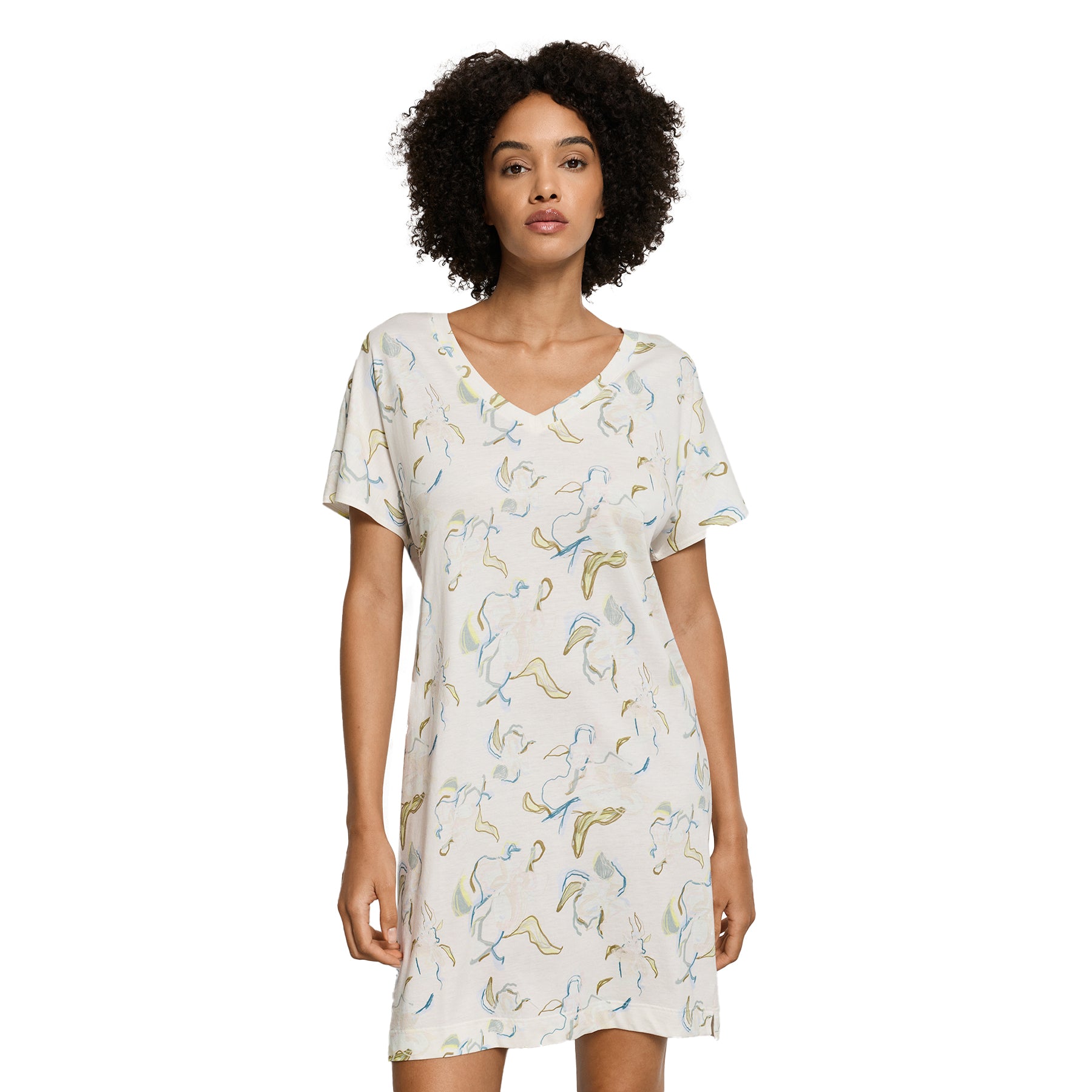 Model front view wearing Flowing Paint print nightgown style 074855 with relaxed fit and short sleeves.