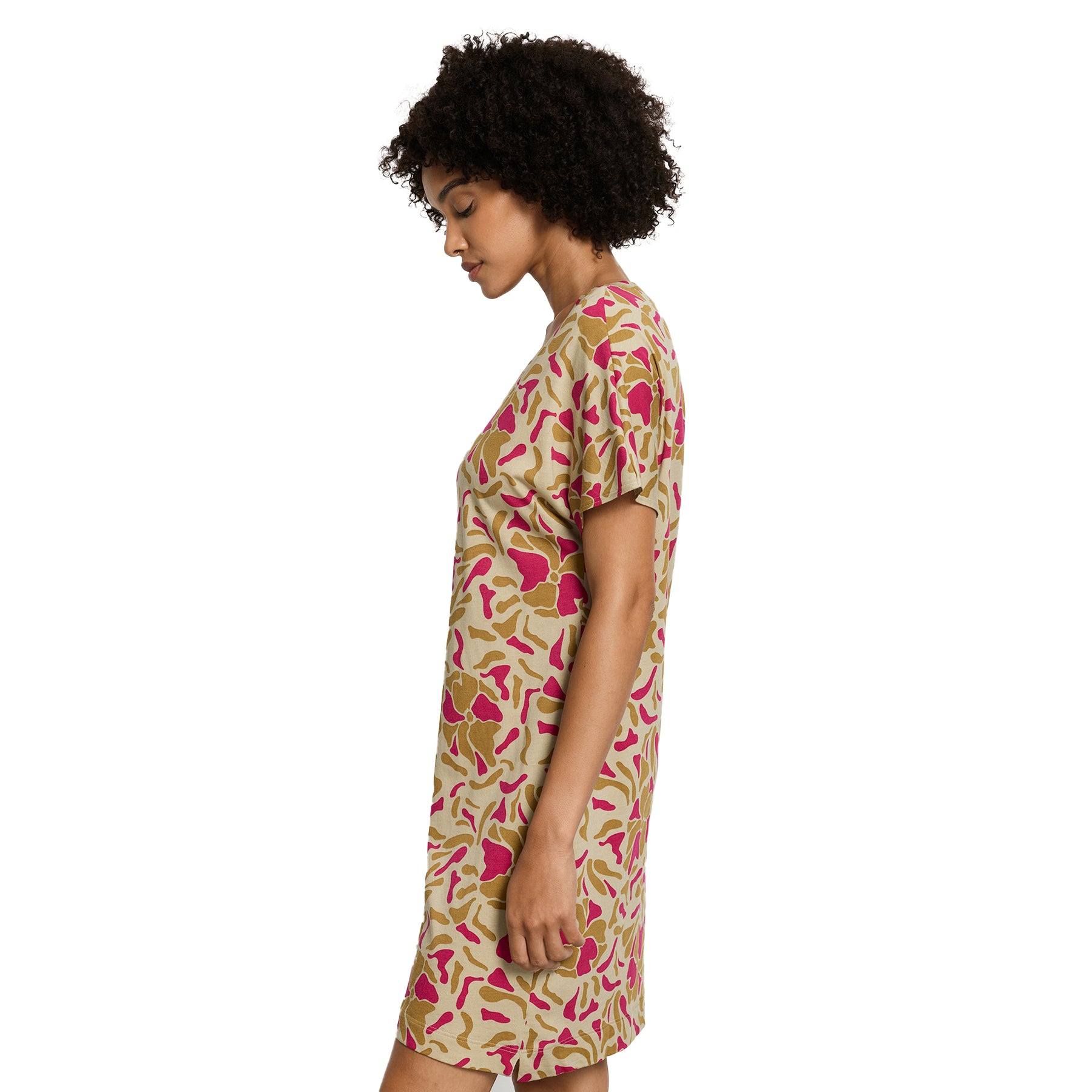 Side profile of model wearing Petals Print nightgown style 074855 showing relaxed silhouette and soft fabric drape.