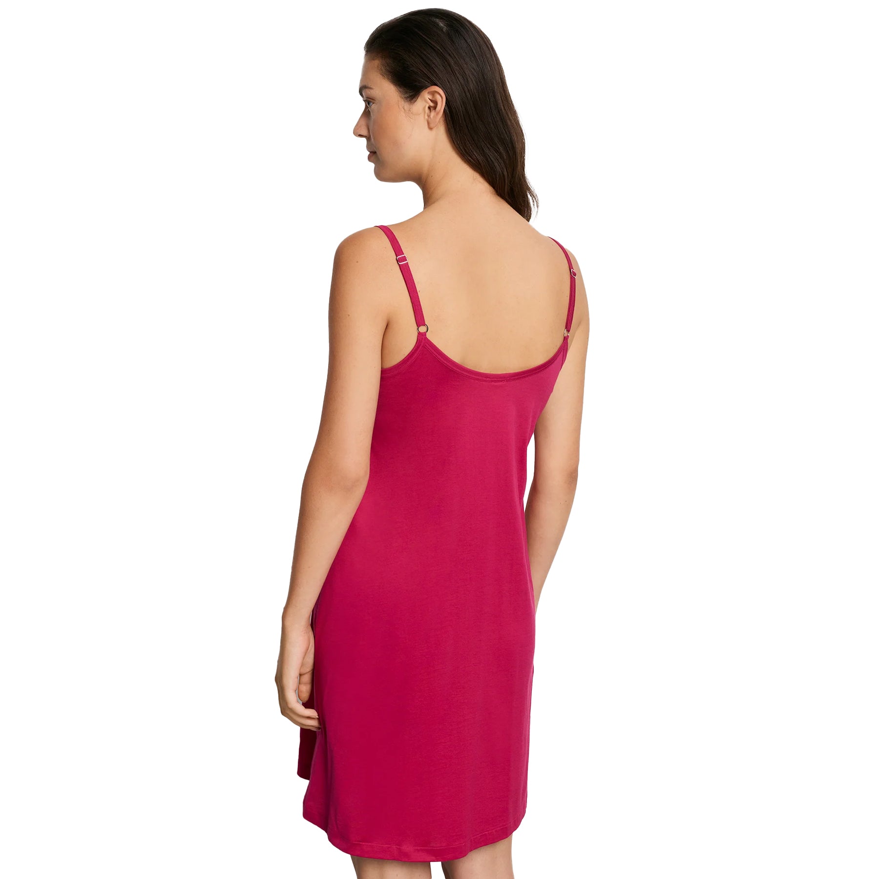 Back view of model in Light Sangria nightgown style 077747 with adjustable straps and smooth silhouette.