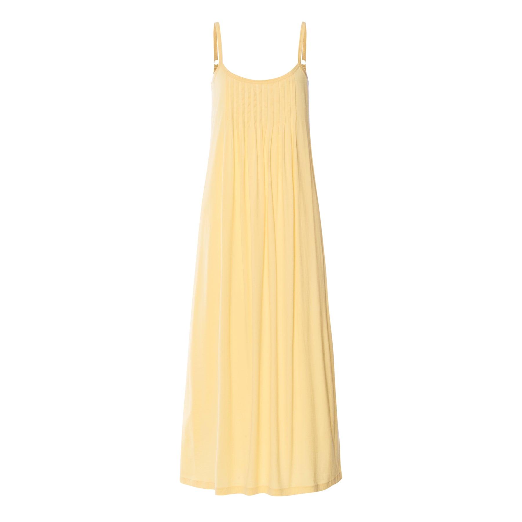 Pale yellow long nightgown with pleated detail, flat lay front view