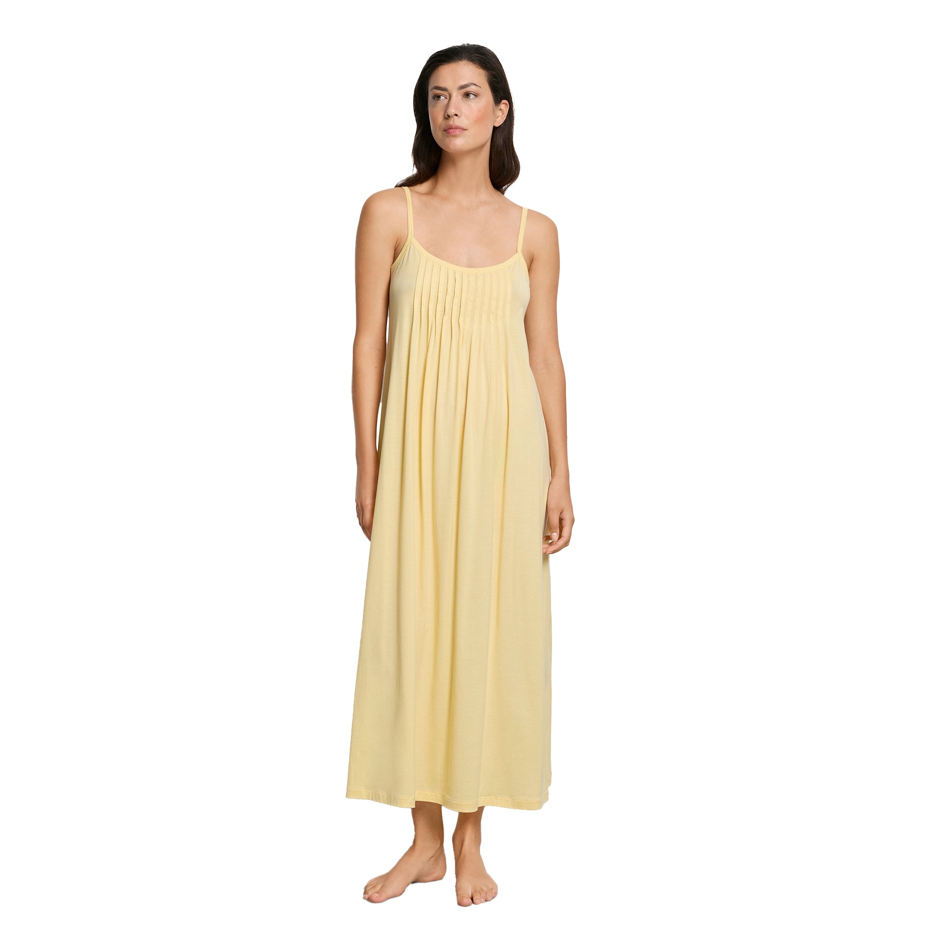 Soft yellow maxi nightgown with spaghetti straps, full body front view on model