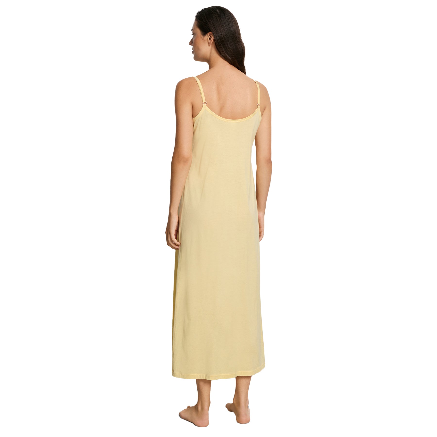 Pale yellow sleeveless nightgown, full length back view on model