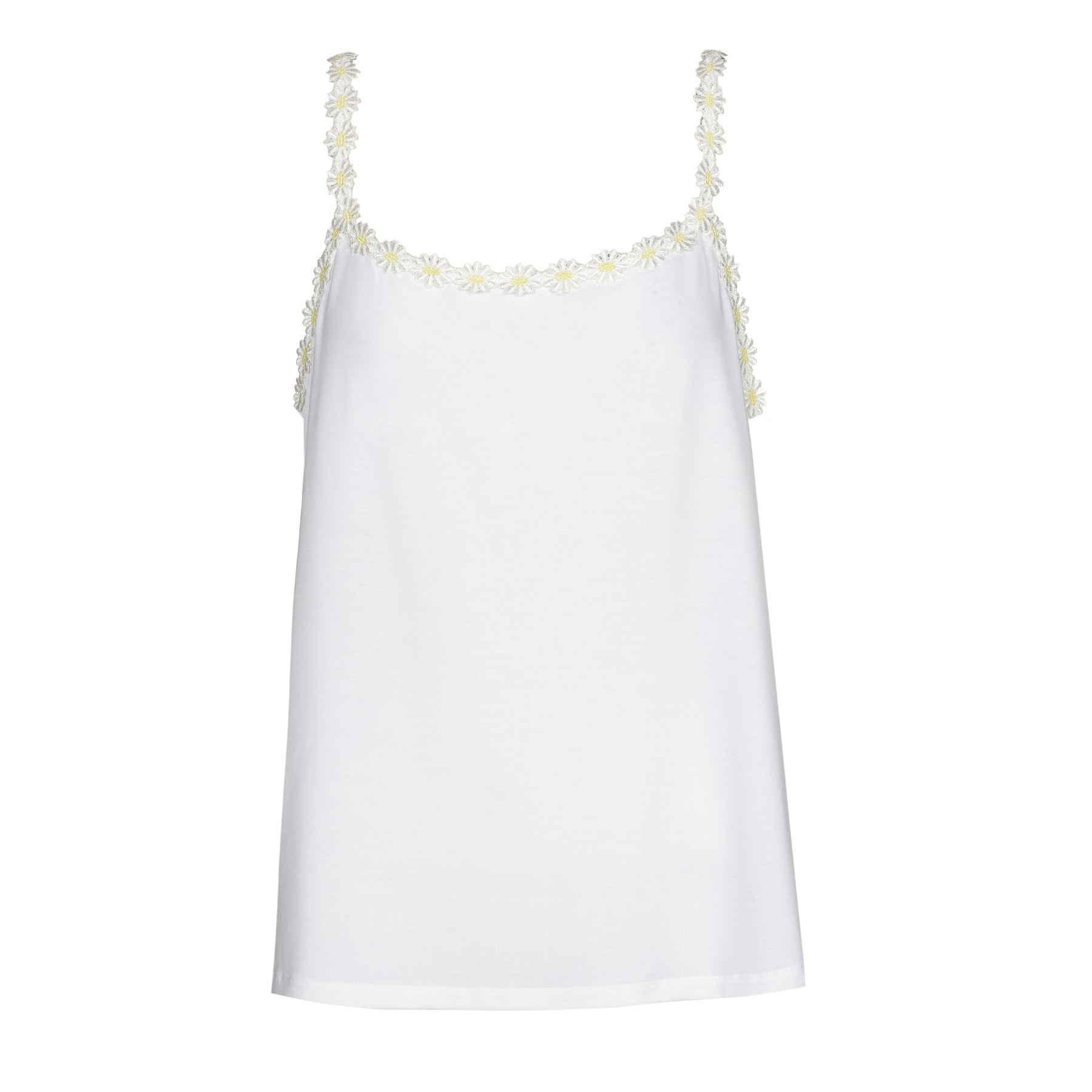 Front flat lay of ivory camisole with floral lace-trim straps on white background