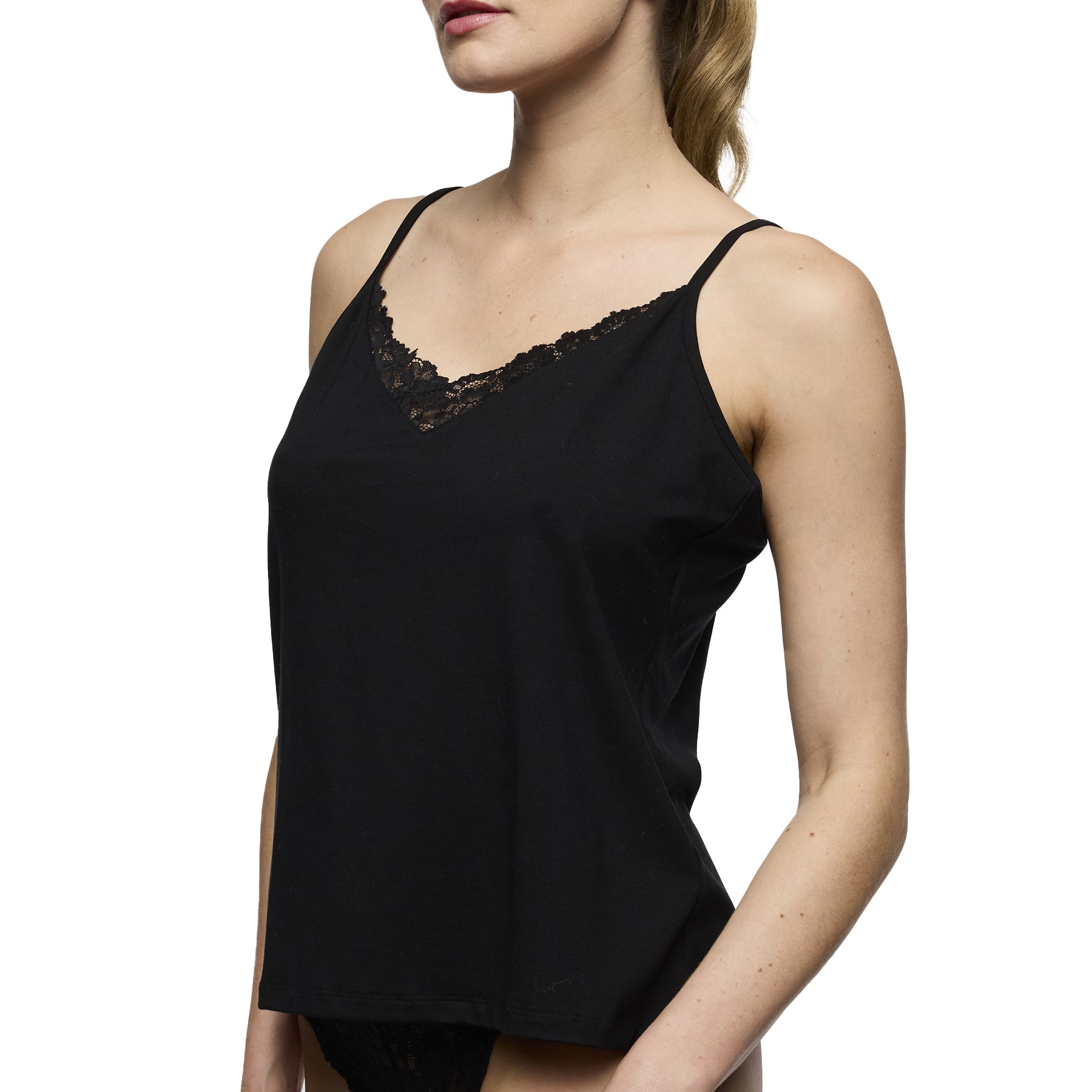 Black soft camisole with lace trim V neckline and lightweight stretch fabric for everyday comfort