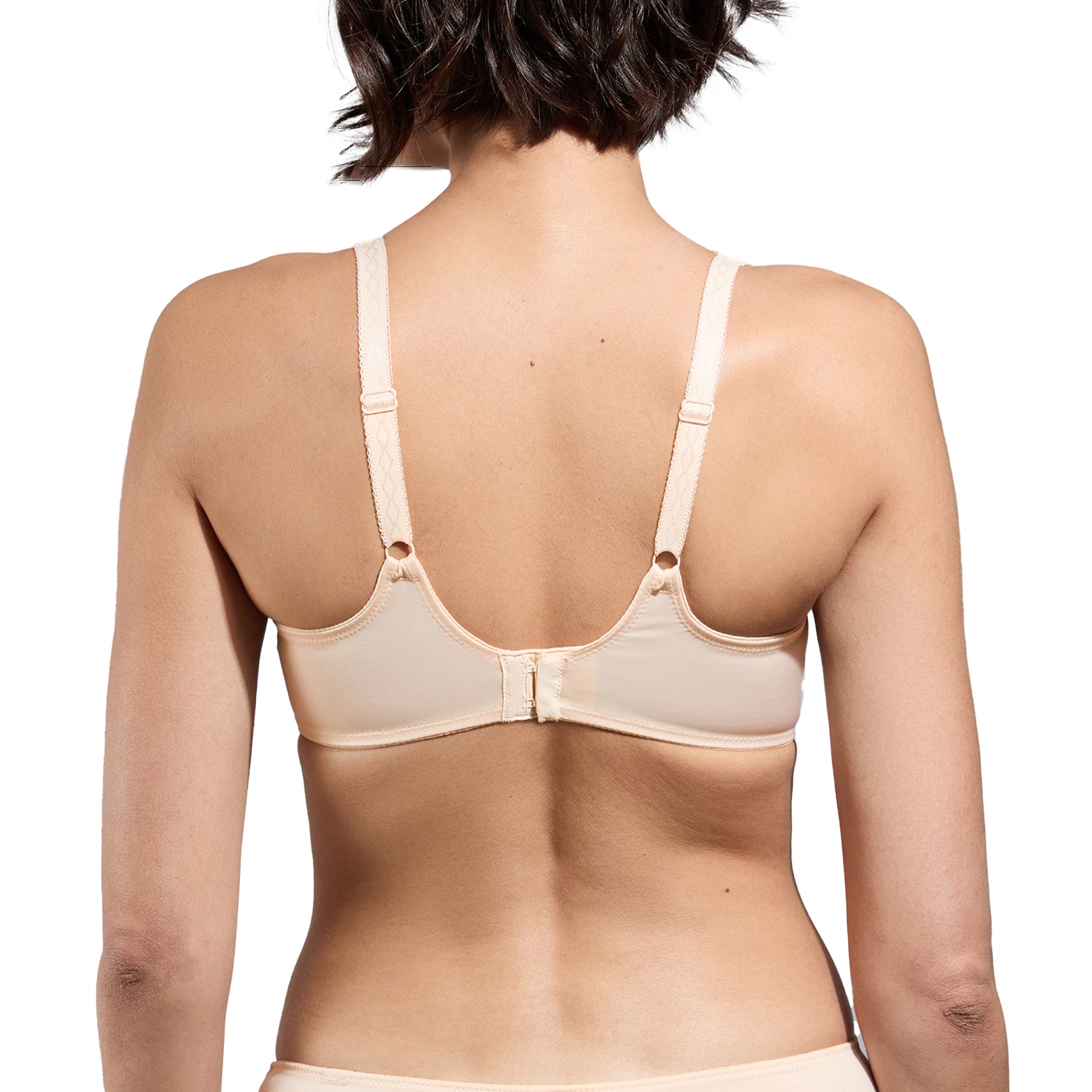 A back view of a woman wearing a nude-colored lace bra with adjustable straps and a hook-and-eye closure.