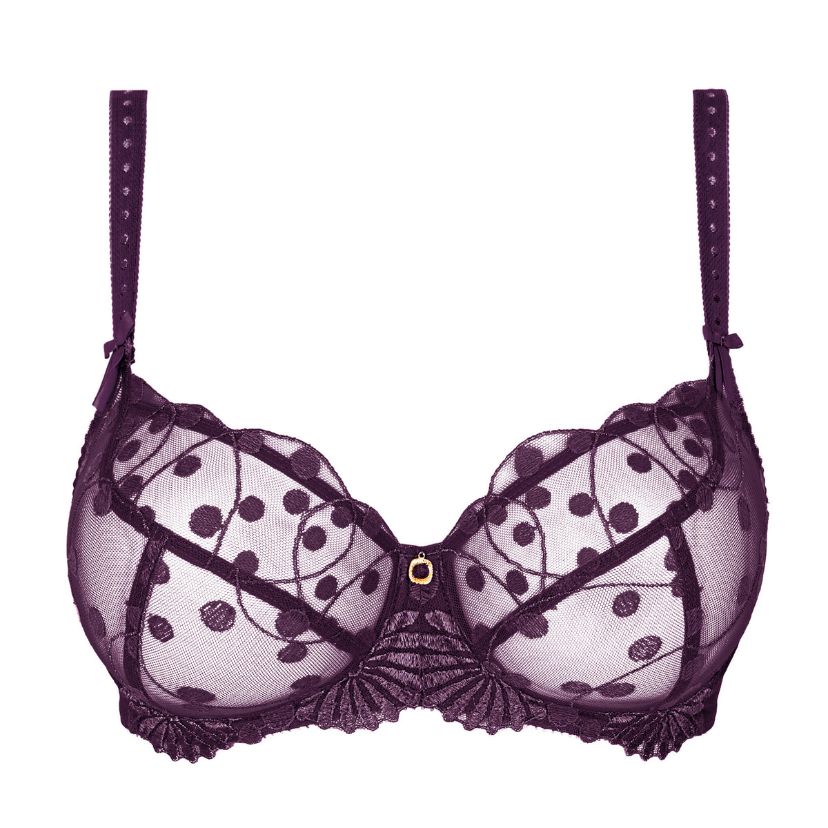Amethyst purple sheer underwire bra with dotted embroidery, floral detailing, decorative straps and a gold centre charm.