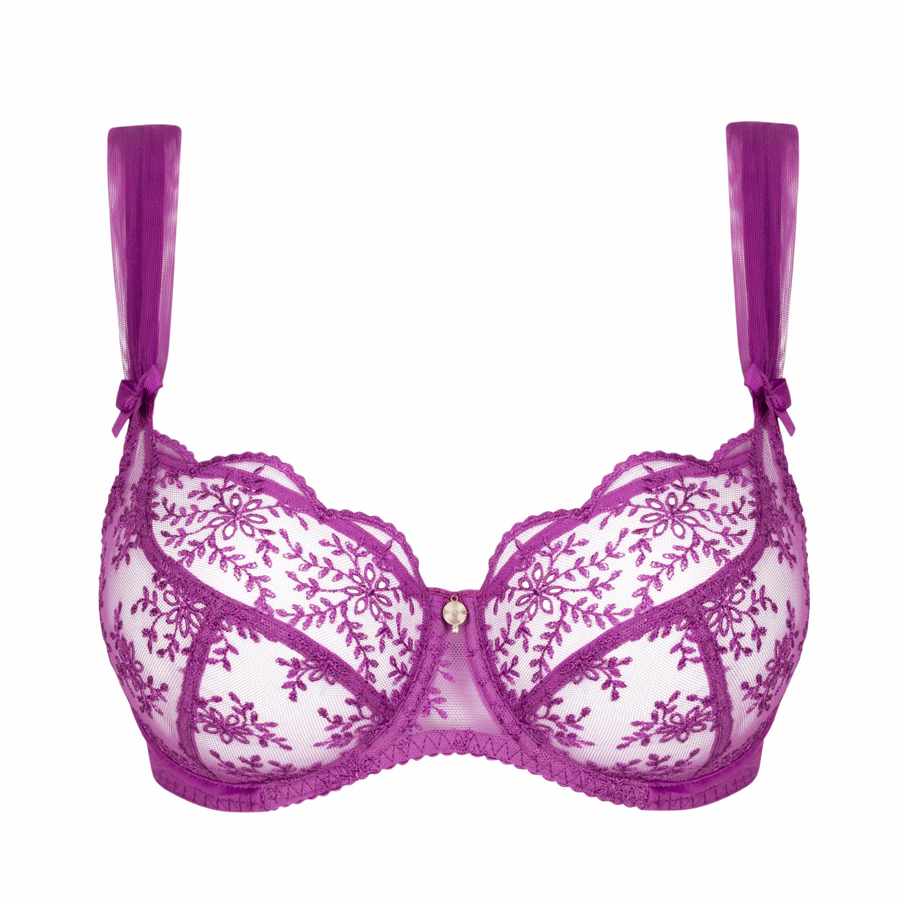 Empreinte Dahlia underwire bra in purple featuring sheer floral embroidered cups and scalloped lace trim