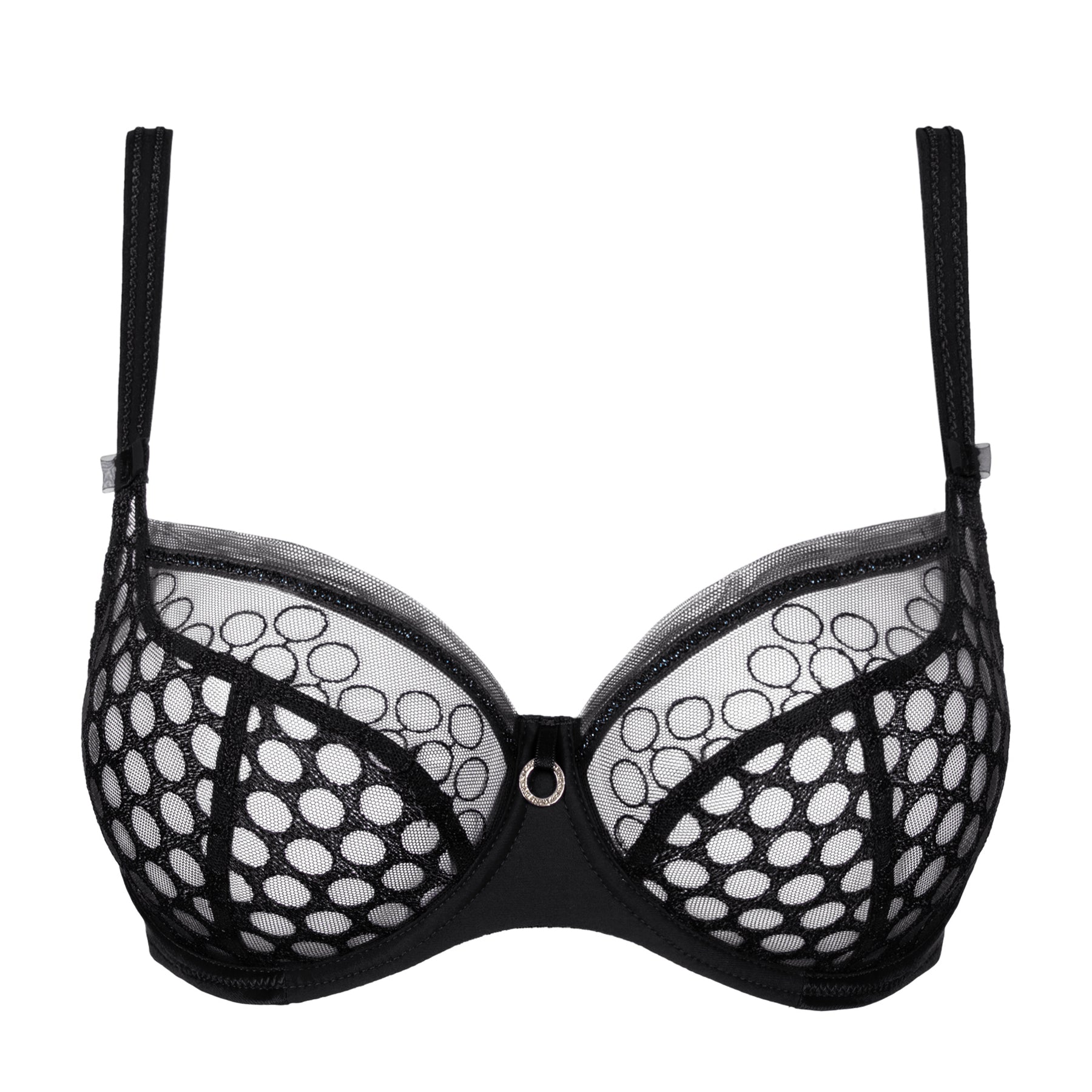 Black lace underwire bra with sheer mesh cups, circular embroidery, and elegant centre ring detail.