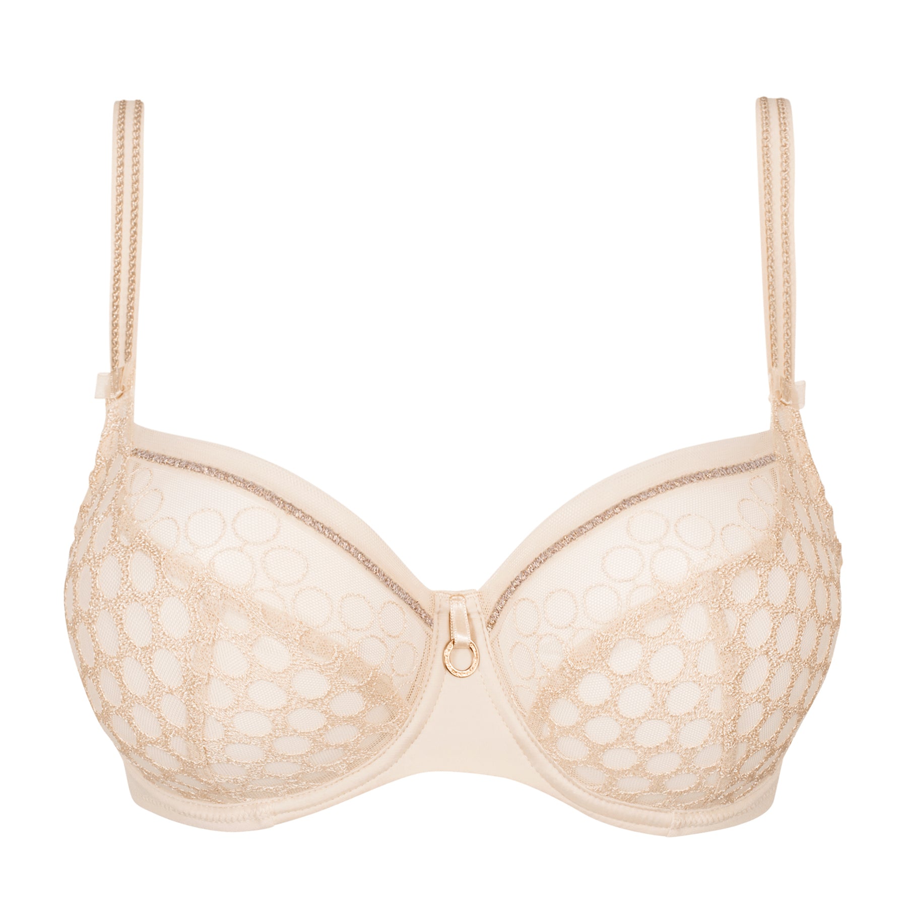 Empreinte balcony bra in creamy beige with sheer embroidered lace cups, supportive underwire, and elegant gold ring detail.