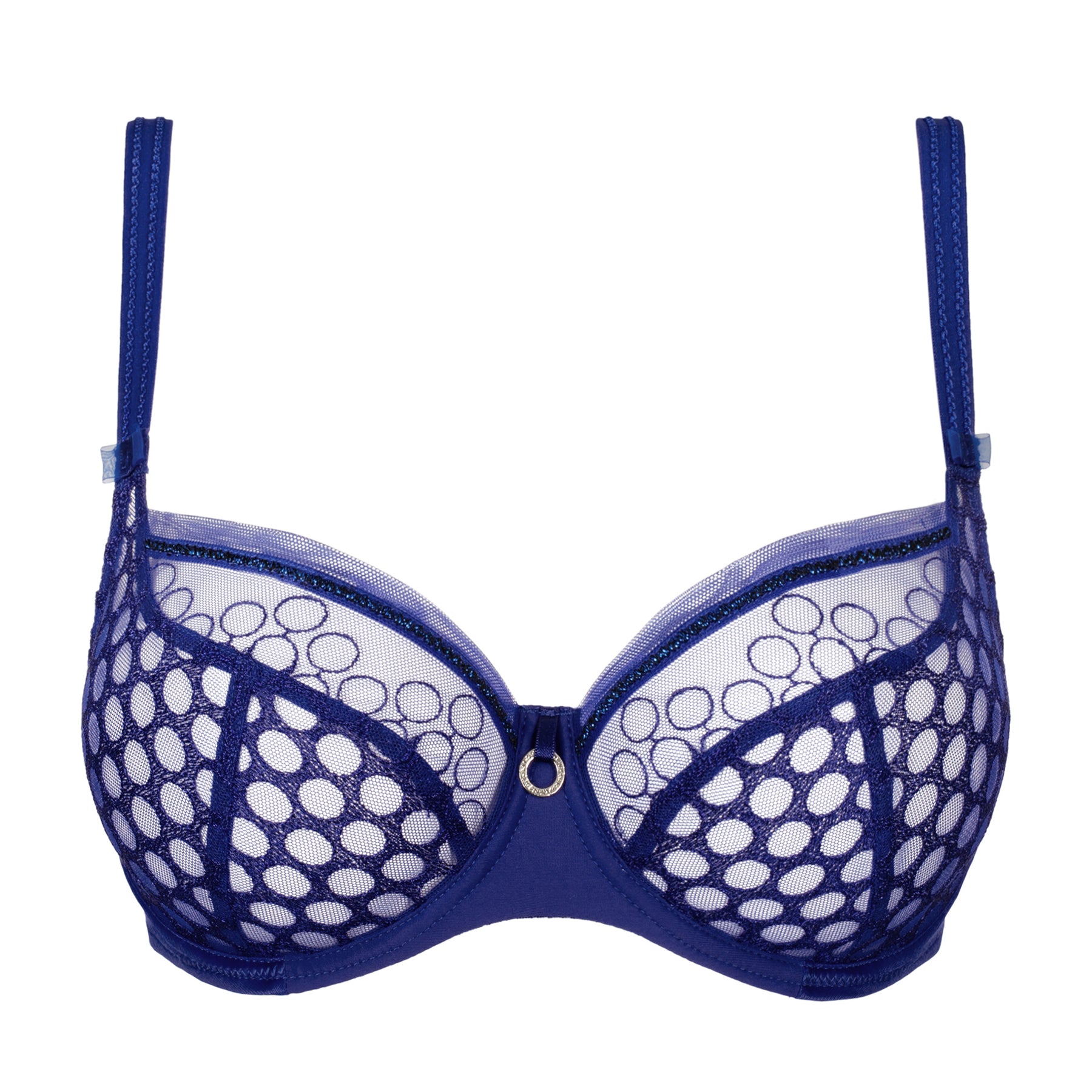 Empreinte balcony bra in sapphire blue with sheer embroidered lace cups, supportive underwire, and elegant centre ring detail.