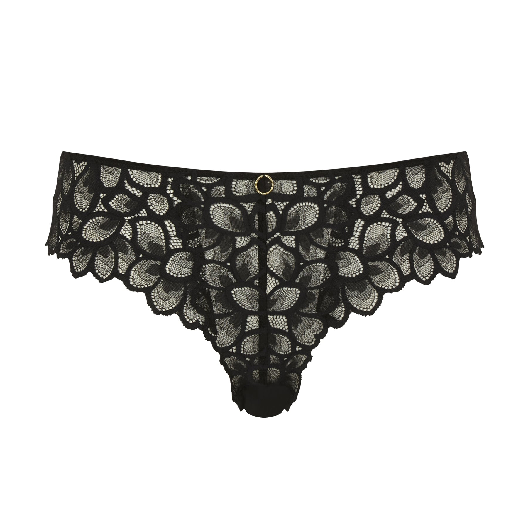 Black lace thong with scalloped edges and gold ring detail on white background.