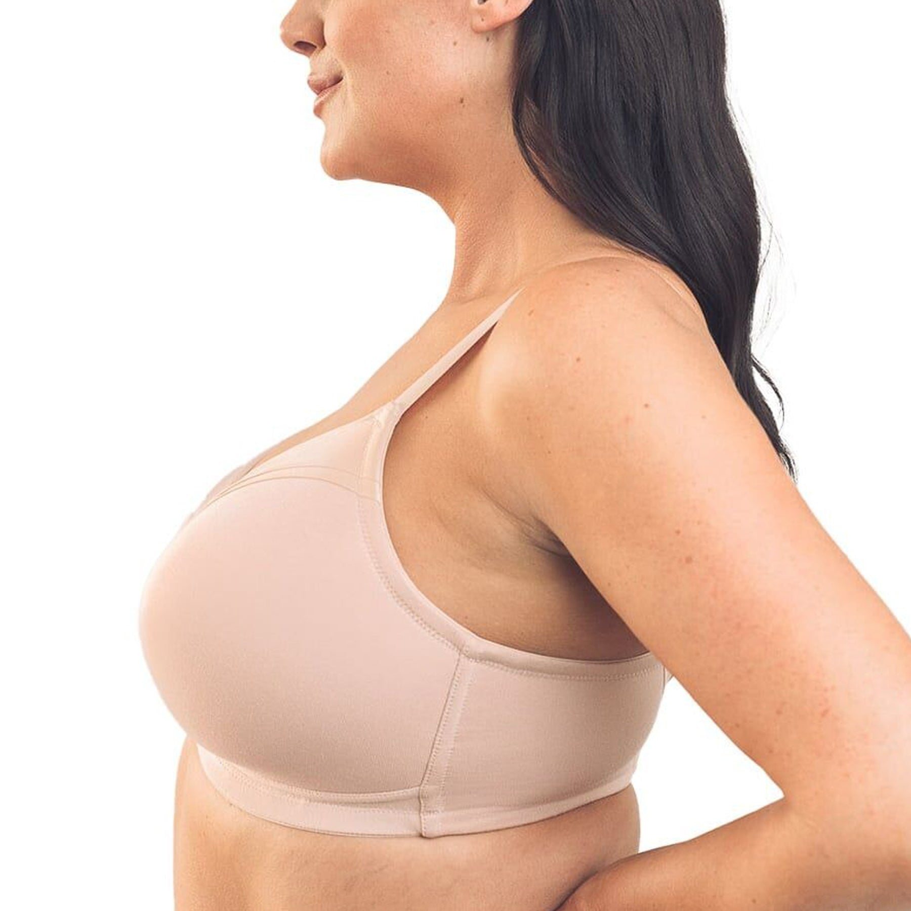 Blush pink full-cup bra with satin trim and small centre bow.