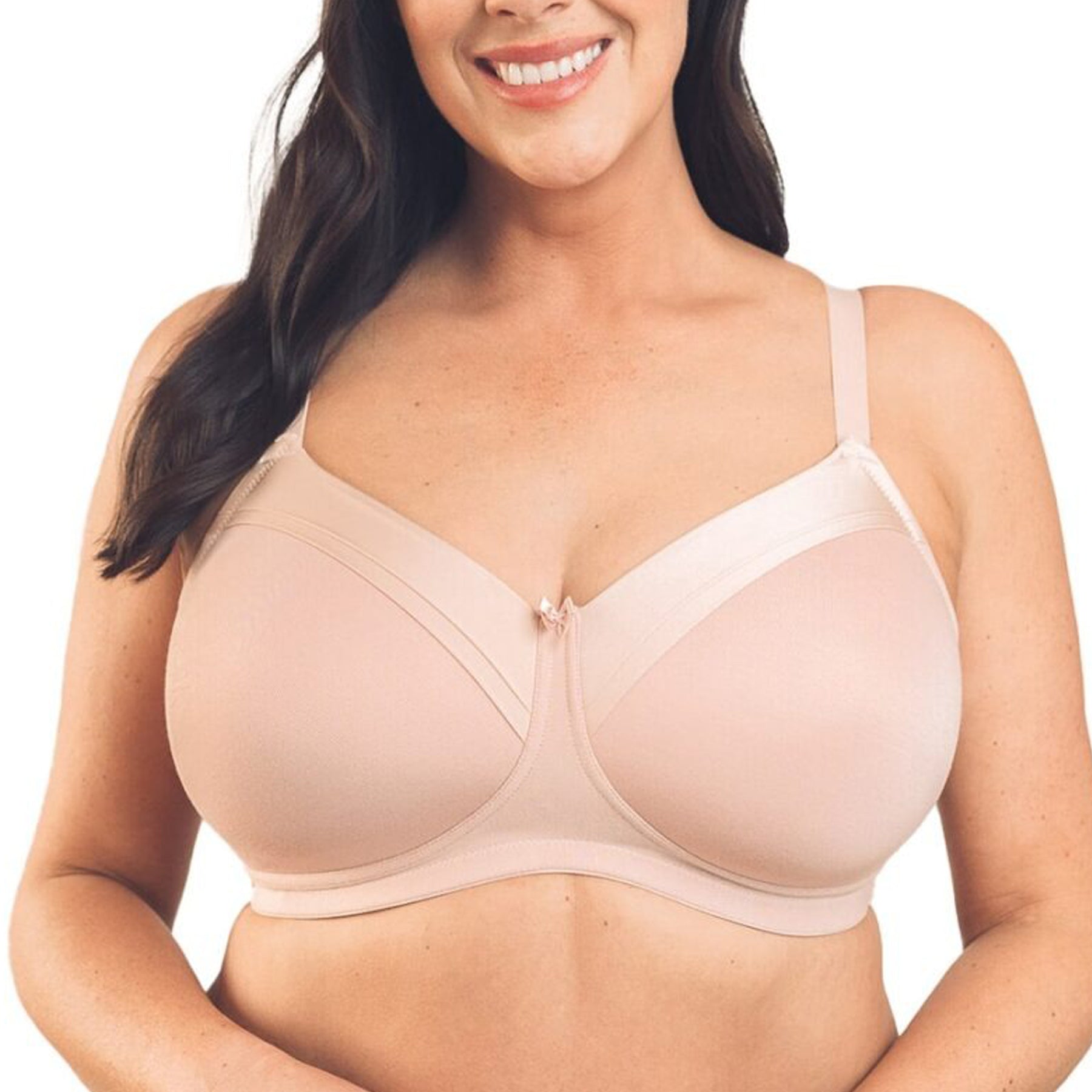 Blush pink bra with smooth moulded cups and satin detail.
