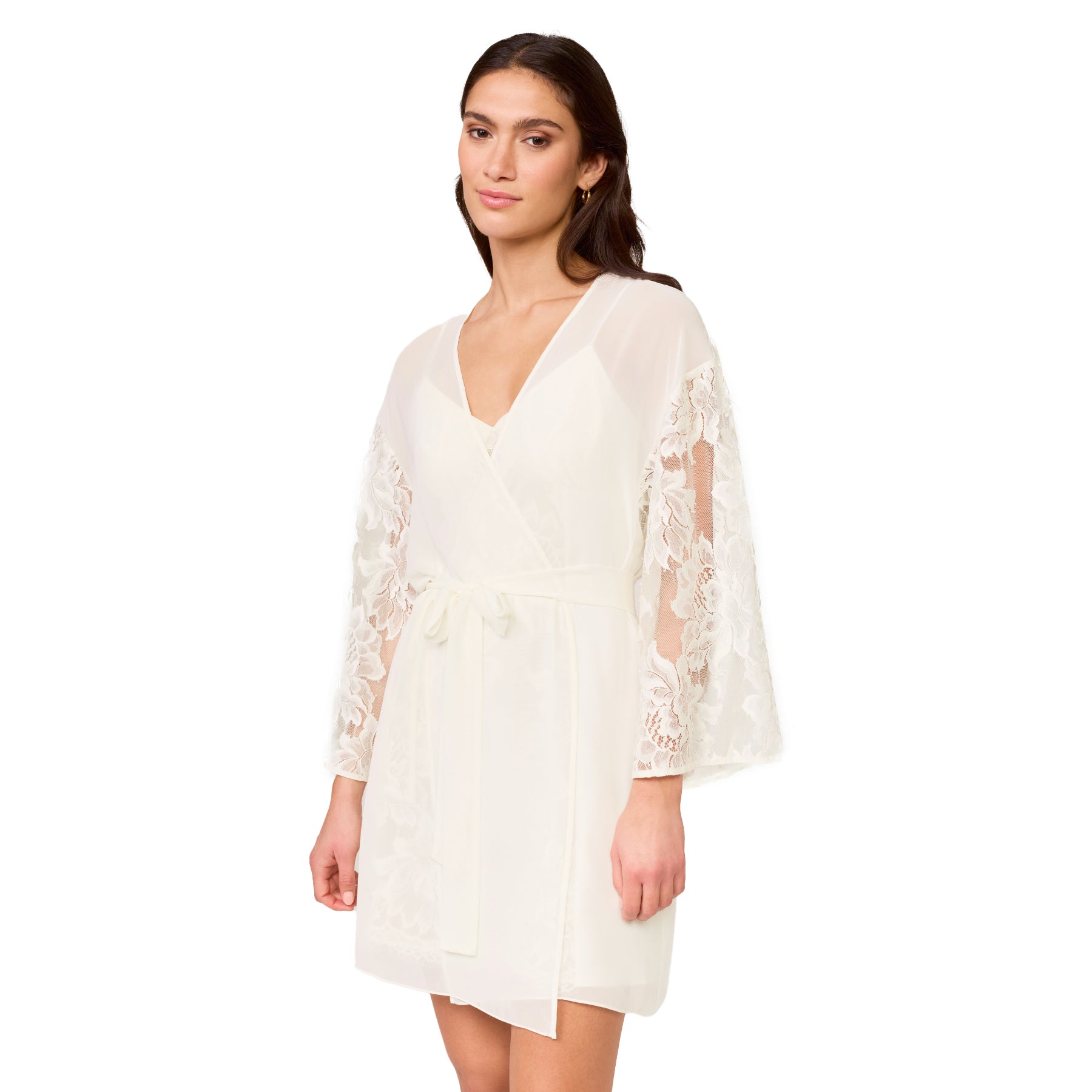 Ivory chiffon bridal robe with floral lace sleeves, wrap front design, and tie waist shown on model.