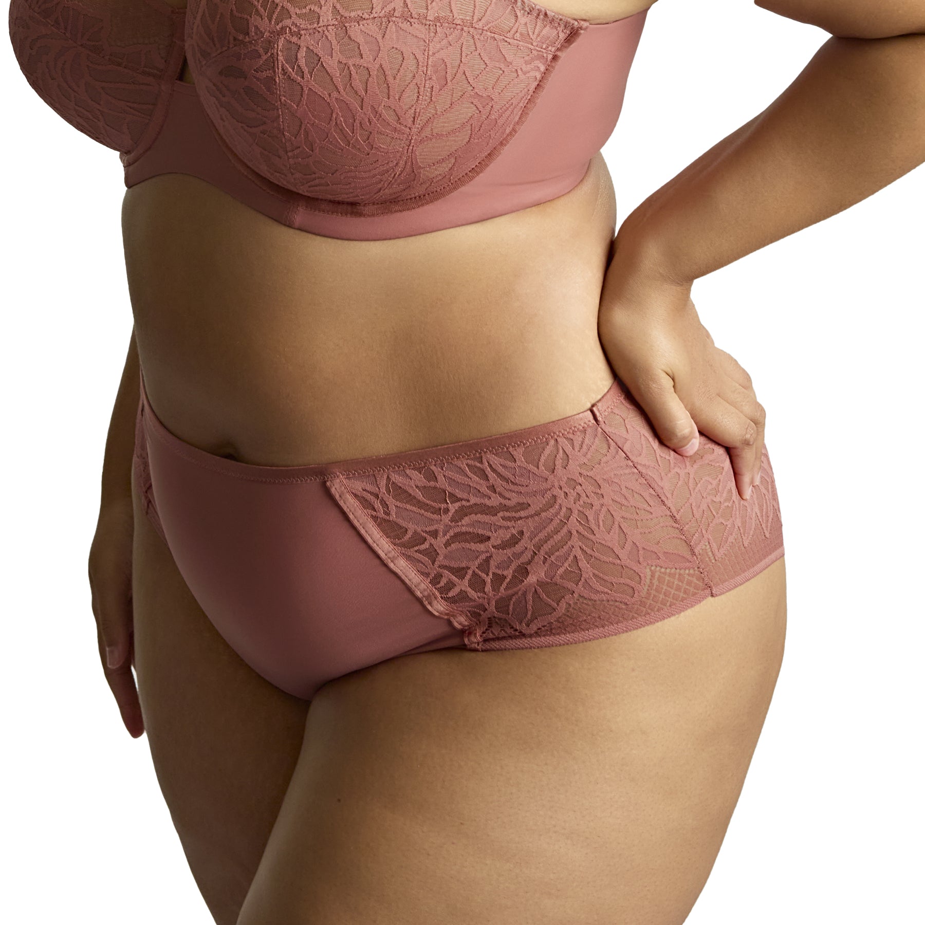 Side angle of sienna rose full brief showing lace side panels and soft fabric finish.