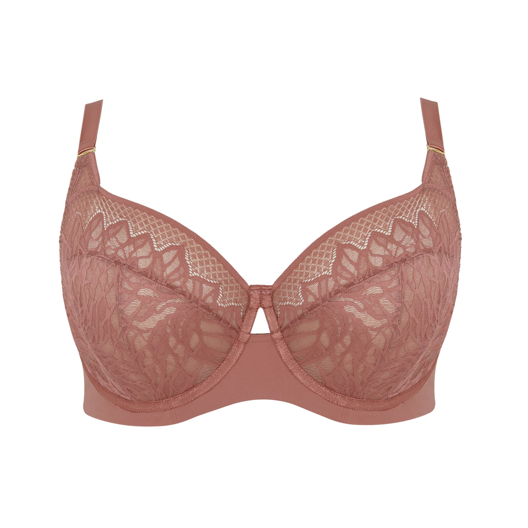 Full cup lace bra in sienna rose with leaf-pattern embroidery and supportive underwire.