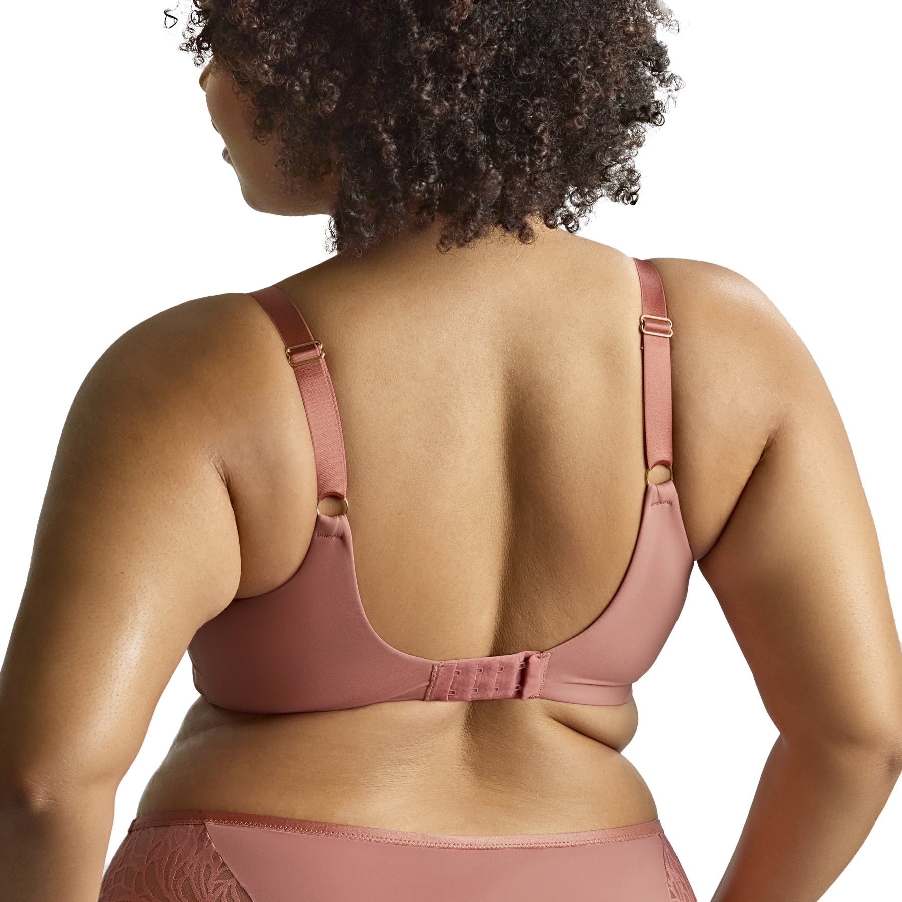 Back view of sienna rose lace bra showing wide band, adjustable straps, and hook closure.