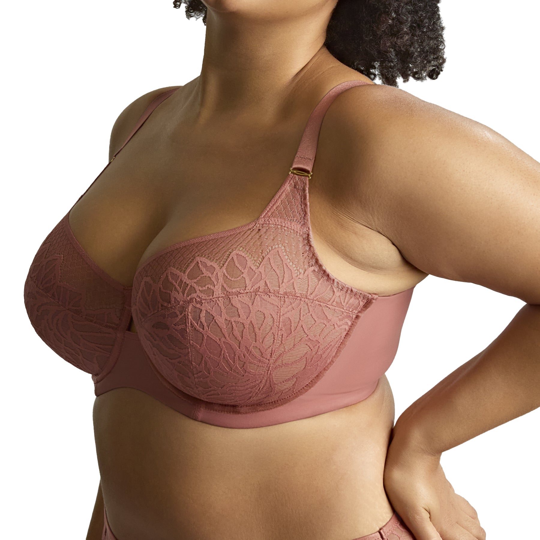 Side view of sienna rose lace bra highlighting supportive fit and smooth band.