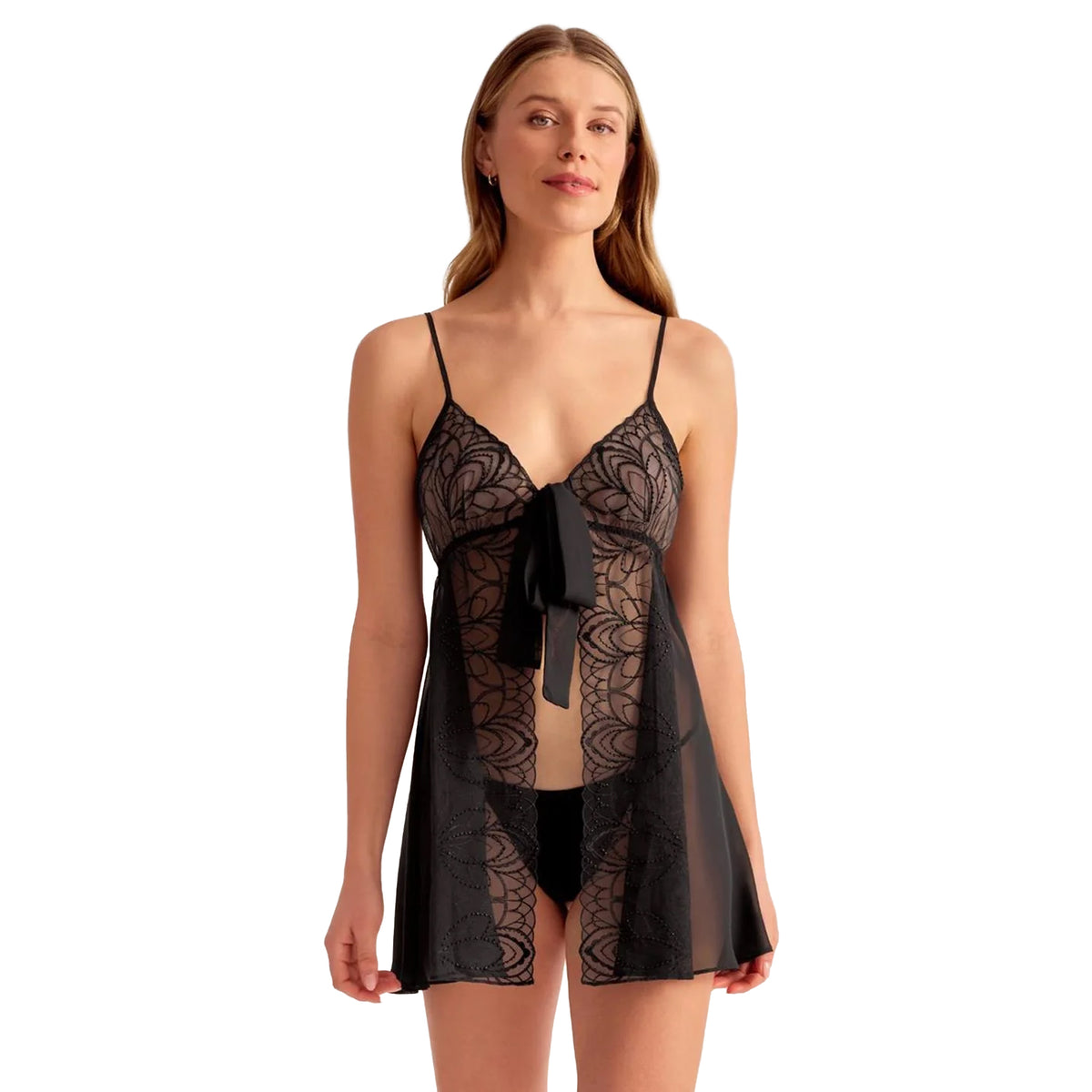 Rya black babydoll and thong set featuring a plunging V-neckline, intricate floral embroidery, sheer mesh fabric, and a flowing open-front design with a satin bow.