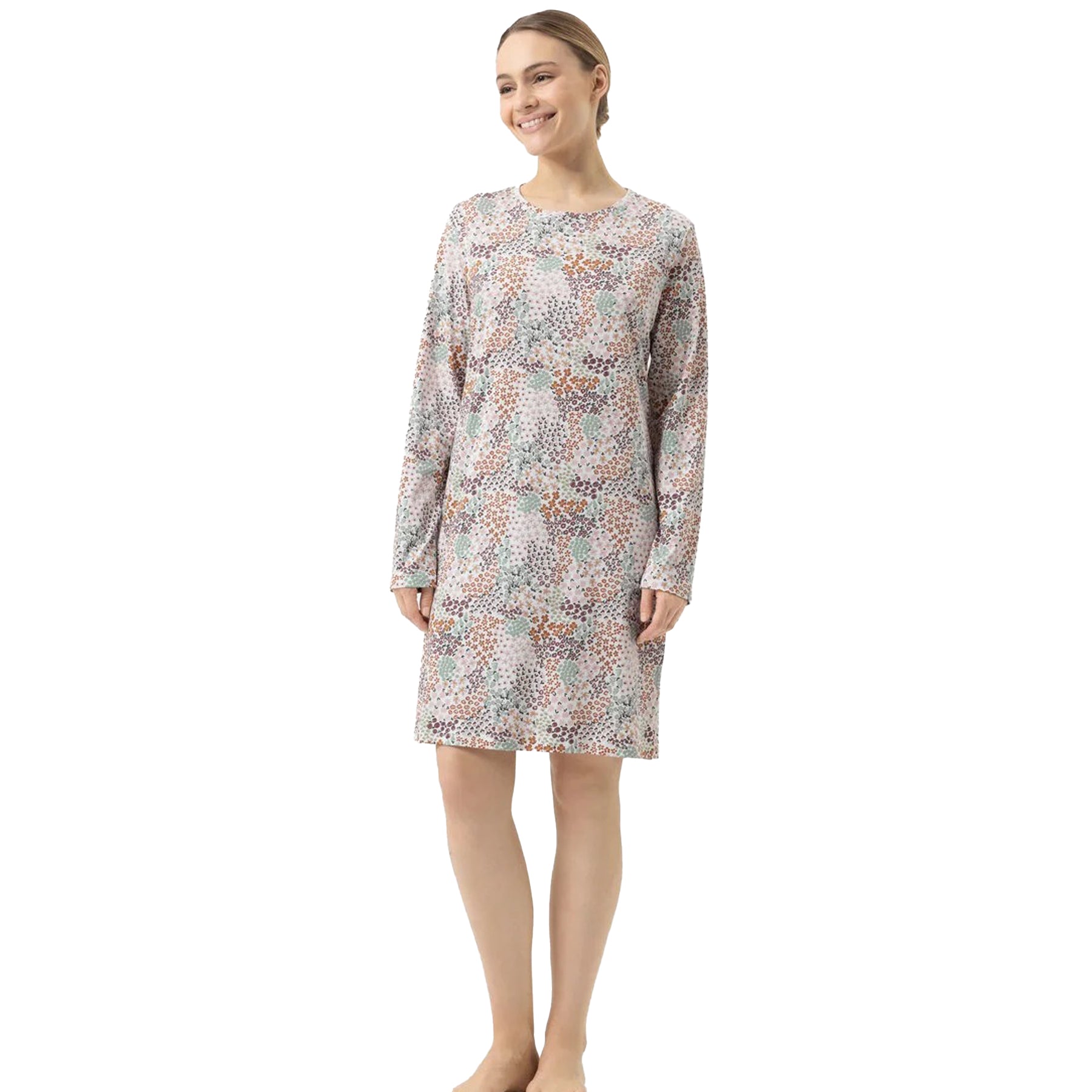 Front view of women’s long sleeve cotton nightshirt with floral patchwork print in pink, orange, green, and burgundy.