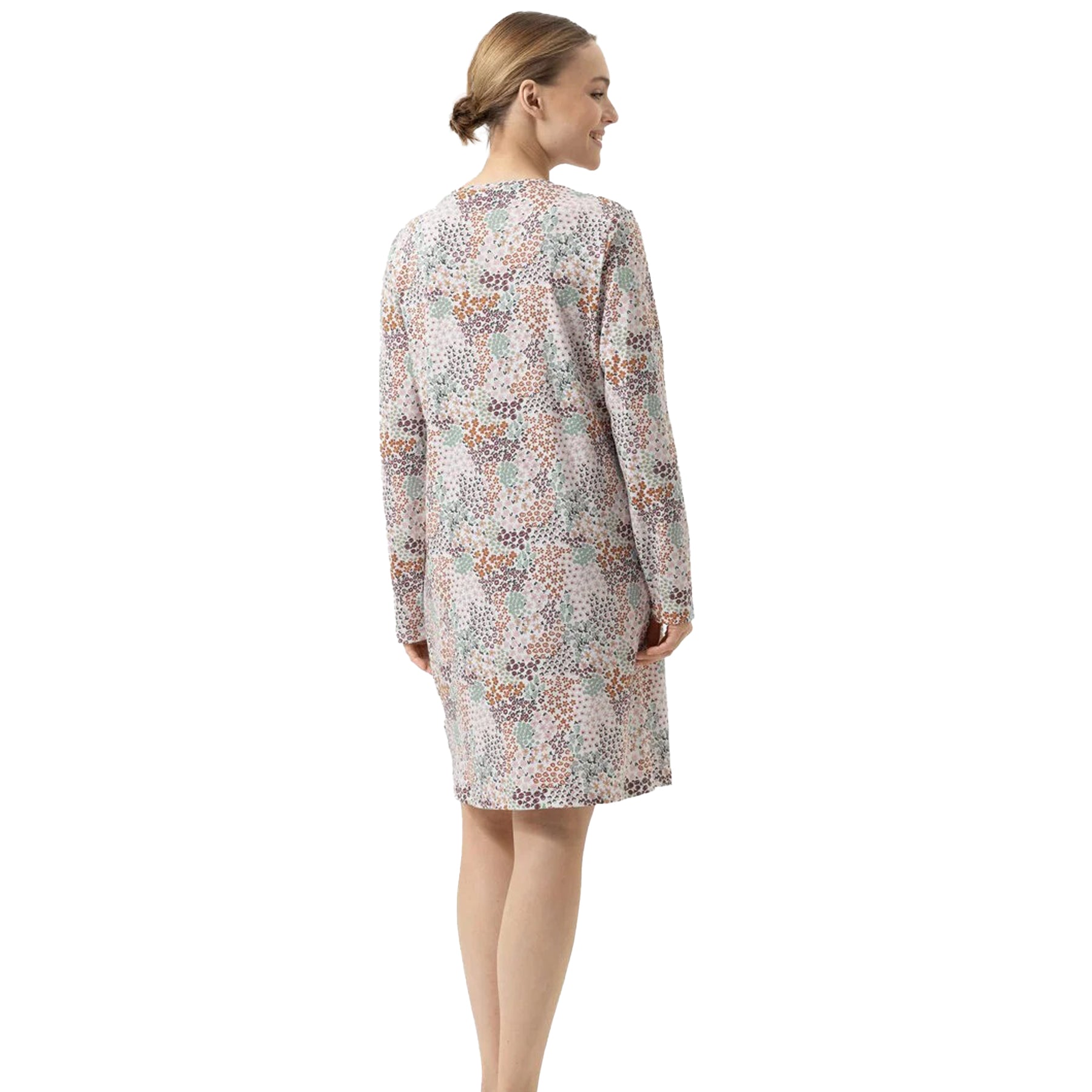 Back view of floral cotton nightshirt showing relaxed fit and knee-length cut