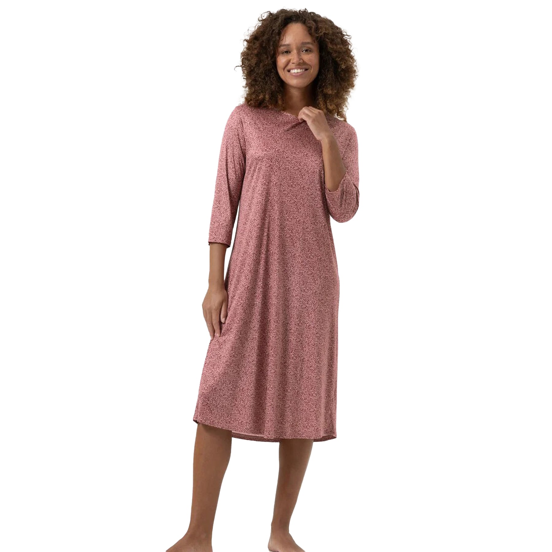 Woman wearing a rose-pink printed cotton nightgown with 3/4 sleeves, front view.