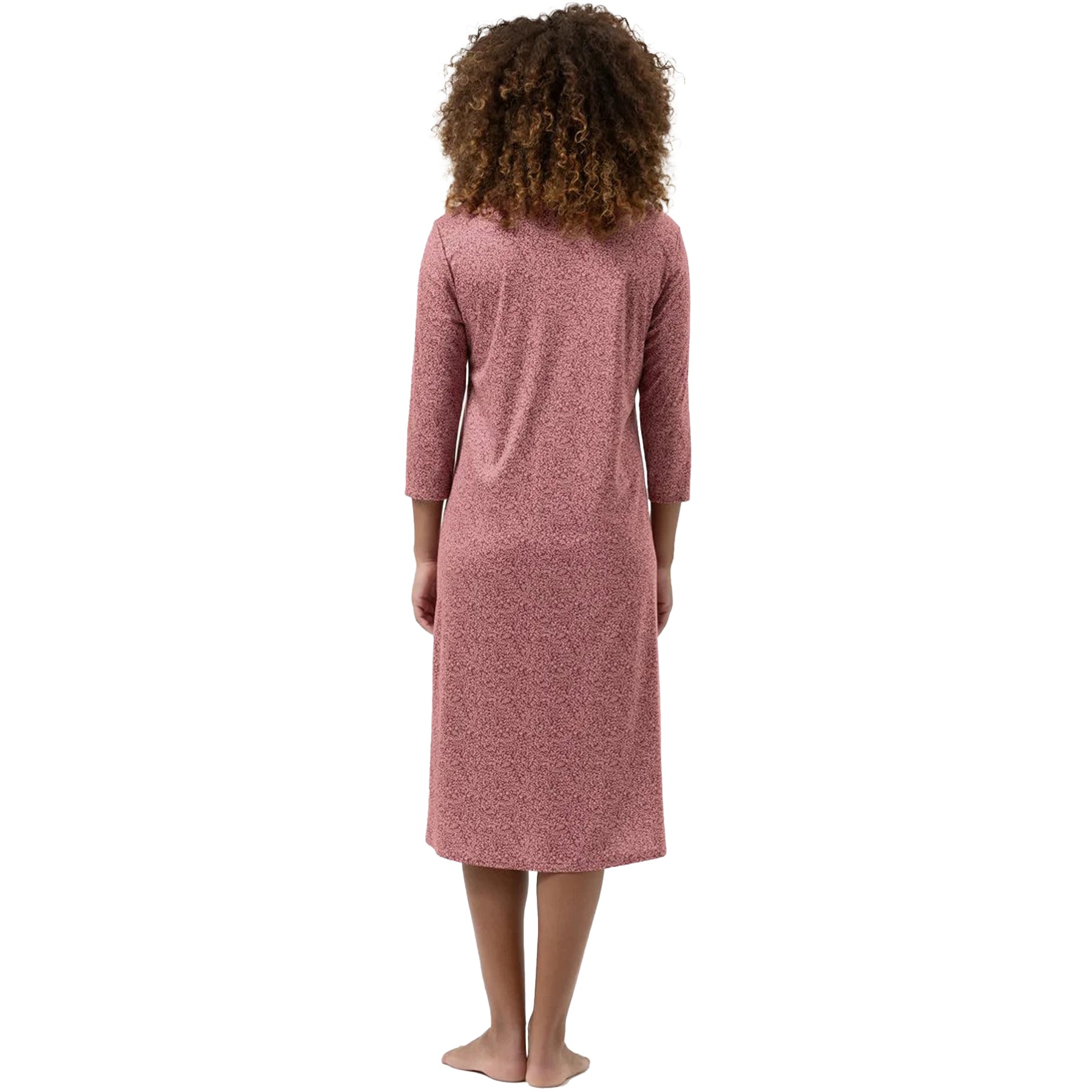 Back view of rose-pink printed cotton nightgown with 3/4 sleeves.