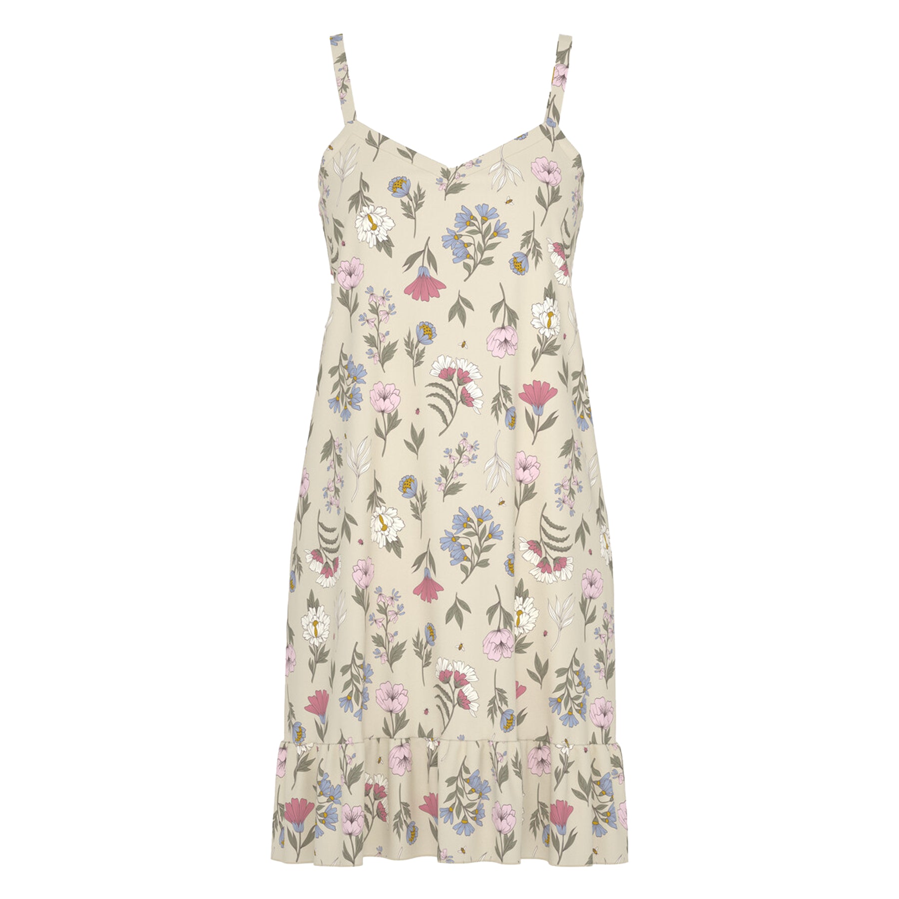 Women’s floral print slip dress in almond milk with spaghetti straps and ruffle hem – style 1230121.