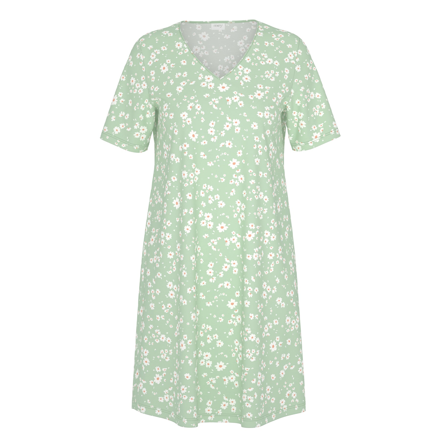 Green floral cotton nightgown with white daisy print, short sleeves and V-neck sleep dress