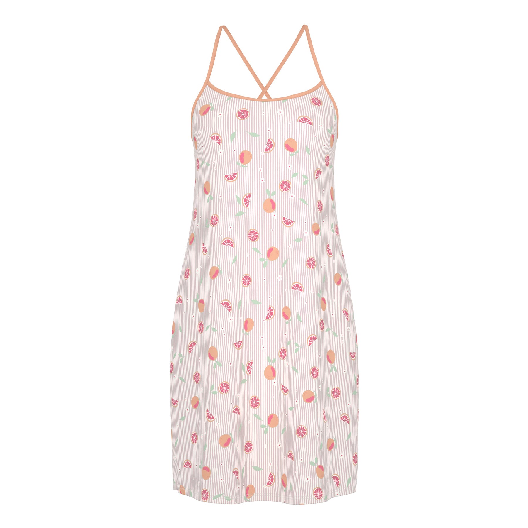 Peach and grapefruit print sleeveless chemise nightdress with thin straps and soft striped background