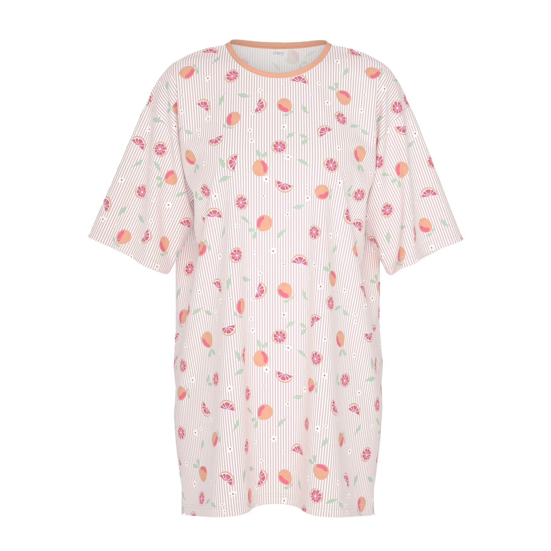 Citrus fruit print short sleeve sleep dress with peach and grapefruit pattern on striped fabric