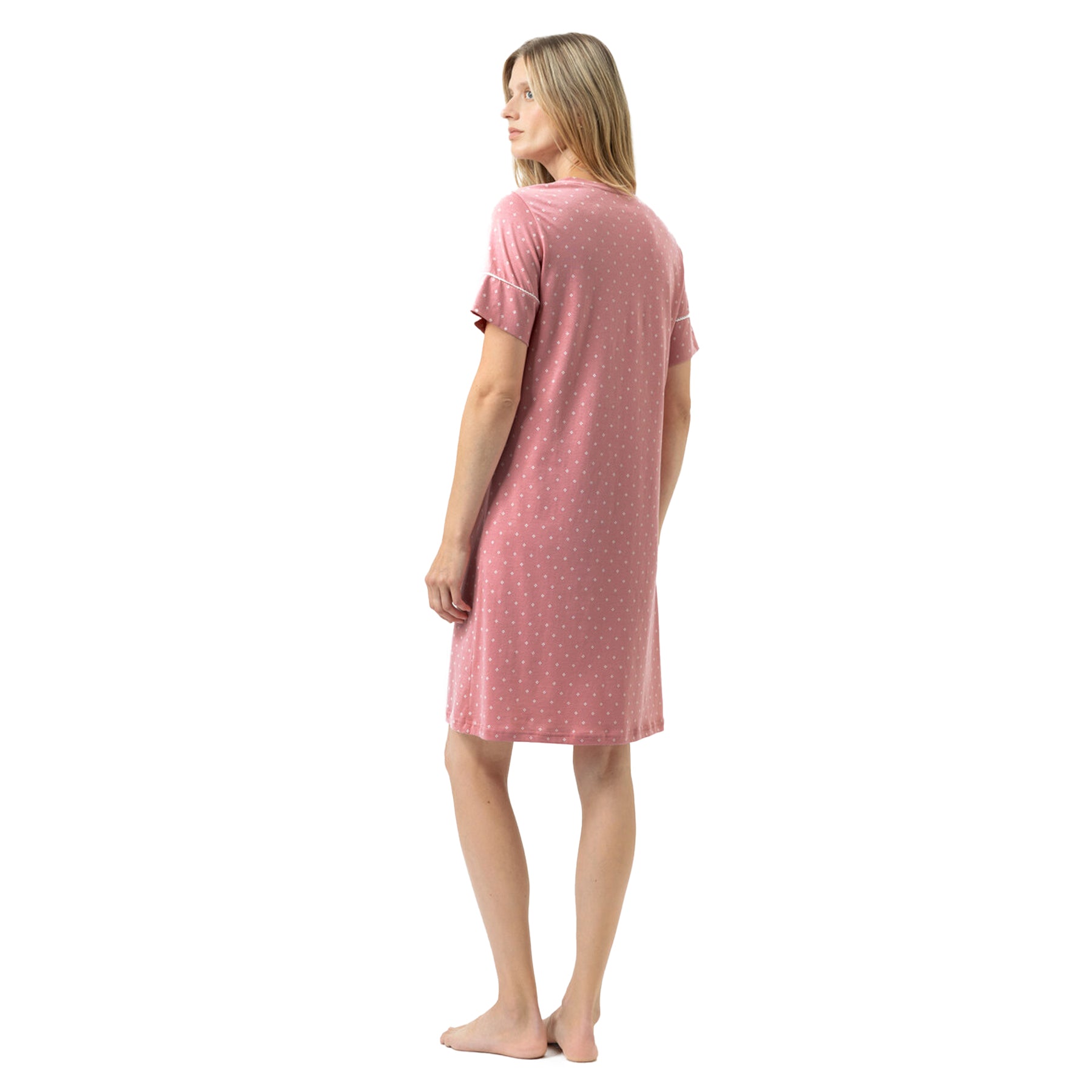 Back view of soft rosewood short sleeve sleep dress with all-over white micro print – style 1230144.