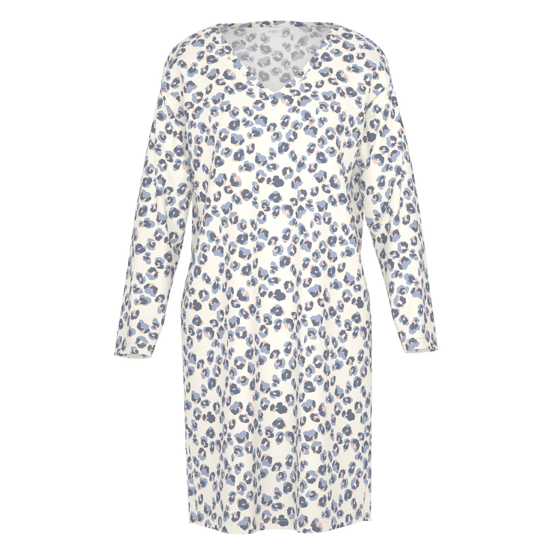Ivory long-sleeve V-neck nightdress with all-over blue and taupe leopard print, straight silhouette, knee-length.