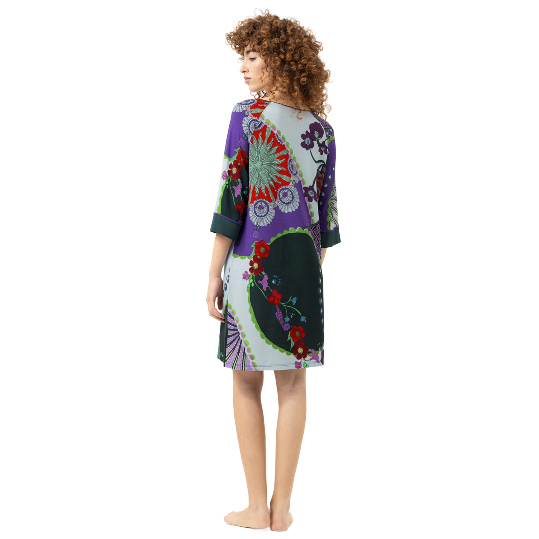 Back view of the Mey Secret Glade sleep shirt showcasing the vibrant botanical print, relaxed silhouette, and comfortable three-quarter sleeves.