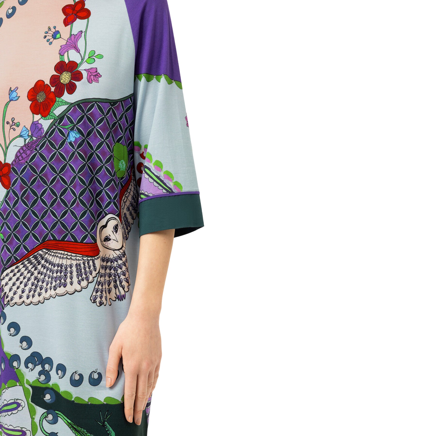 Close-up of the Mey Secret Glade sleep shirt highlighting the colorful floral print, owl motif, geometric pattern, and soft round neckline.