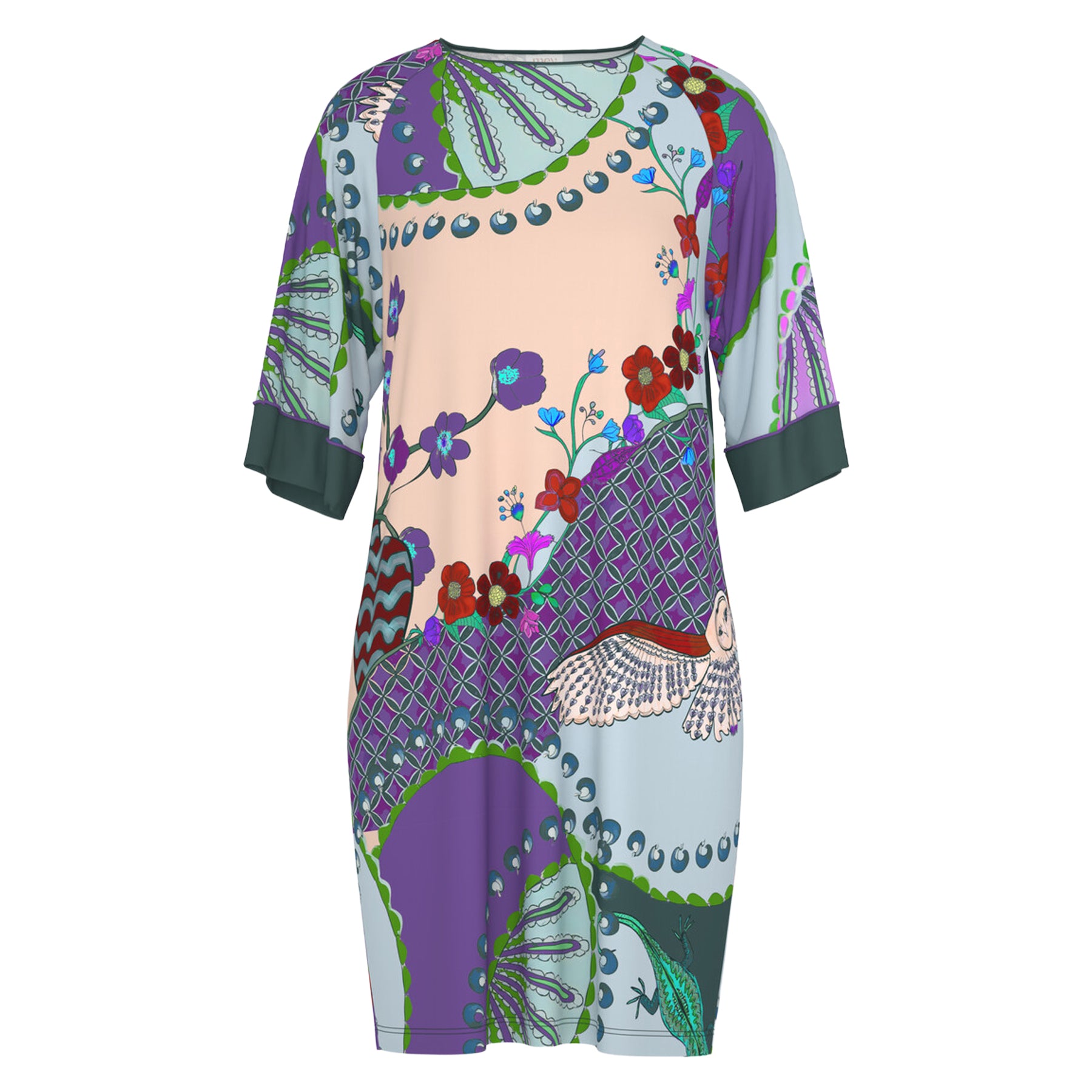 Mey Secret Glade sleep shirt with an all-over artistic floral, geometric, and owl print, three-quarter sleeves, contrasting cuffs, and a relaxed knee-length fit.