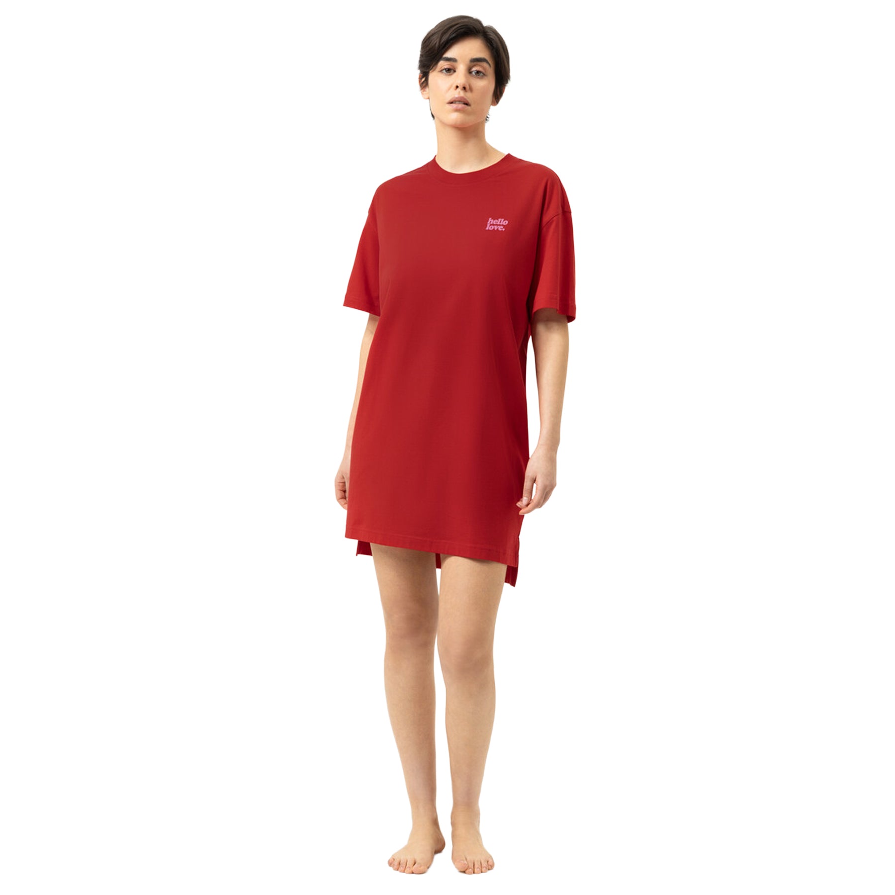 Model wearing the Mey sleep shirt in Red Carpet, featuring a relaxed oversized fit, short sleeves, and a playful "hello love." chest graphic
