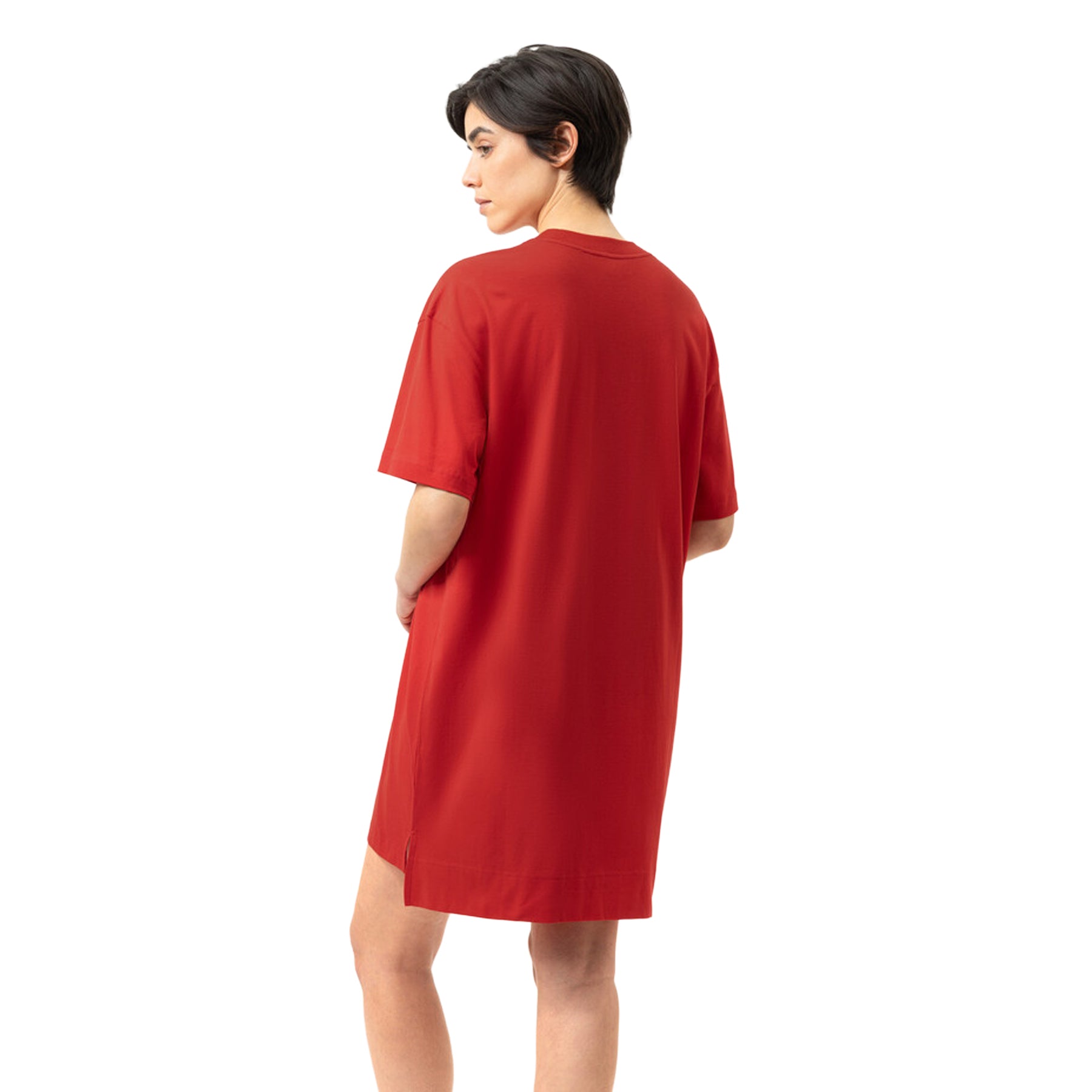 Back view of the Mey sleep shirt in Red Carpet with an oversized silhouette, short sleeves, and a soft draping fit.