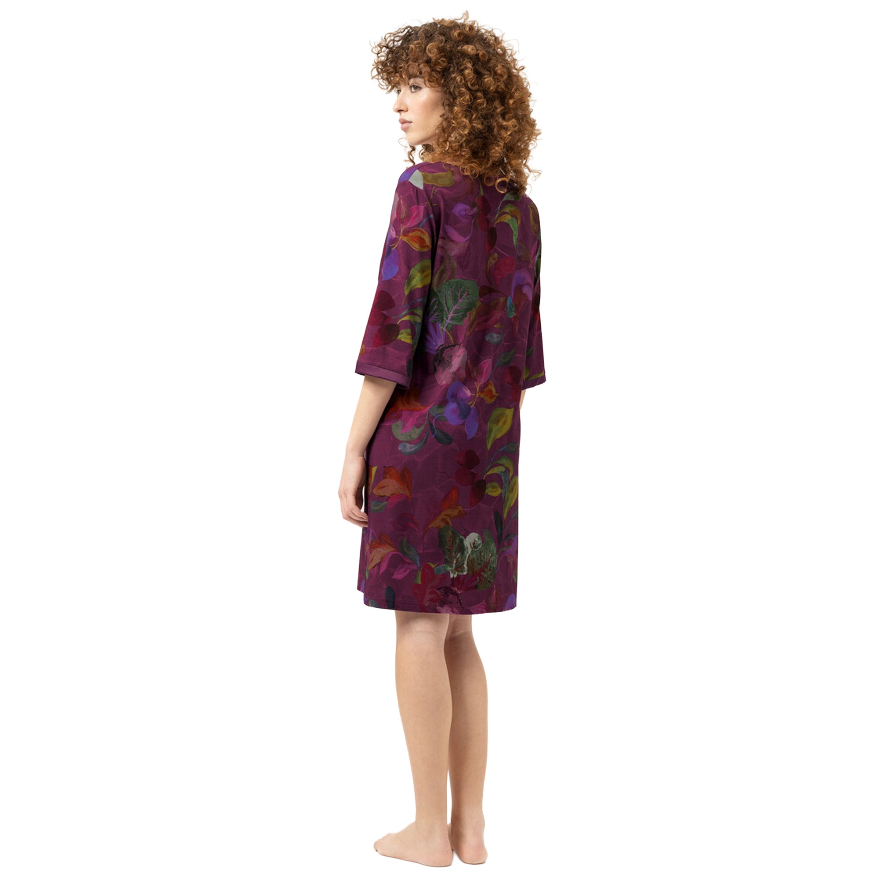 Back view of the Mey Crushed Berry sleepshirt showcasing the all-over watercolor-inspired floral and foliage print with a relaxed silhouette and three-quarter sleeves.