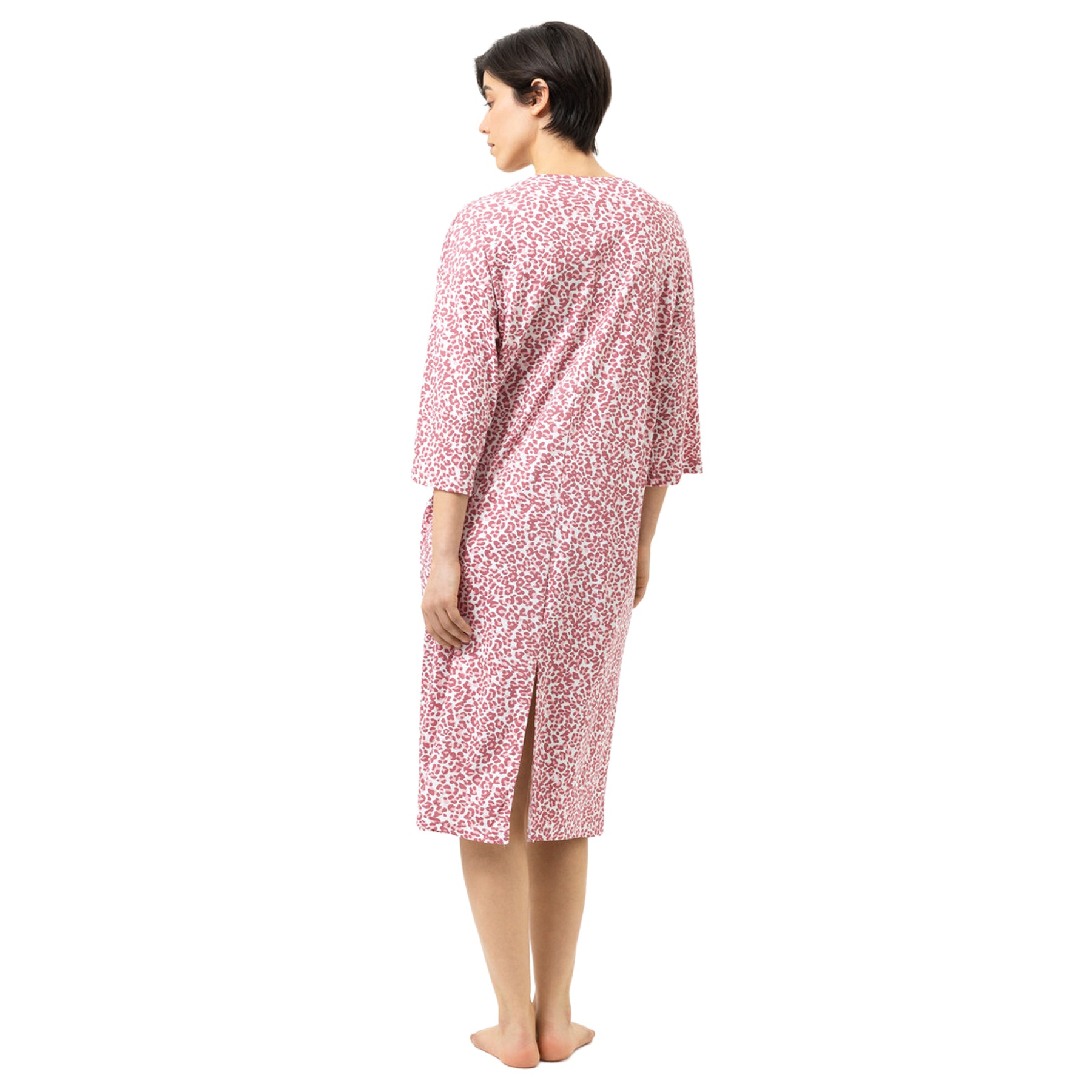 Back view of the Mey Bridal Rose long sleepshirt with an all-over pink animal print, loose silhouette, three-quarter sleeves, and a center back slit for ease of movement.